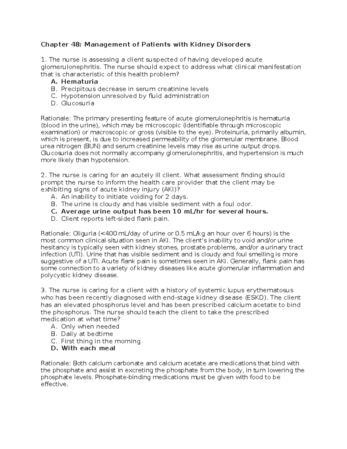 MDC 3 - Chapter 48: Practice Questions on Kidney Disorders Management ...