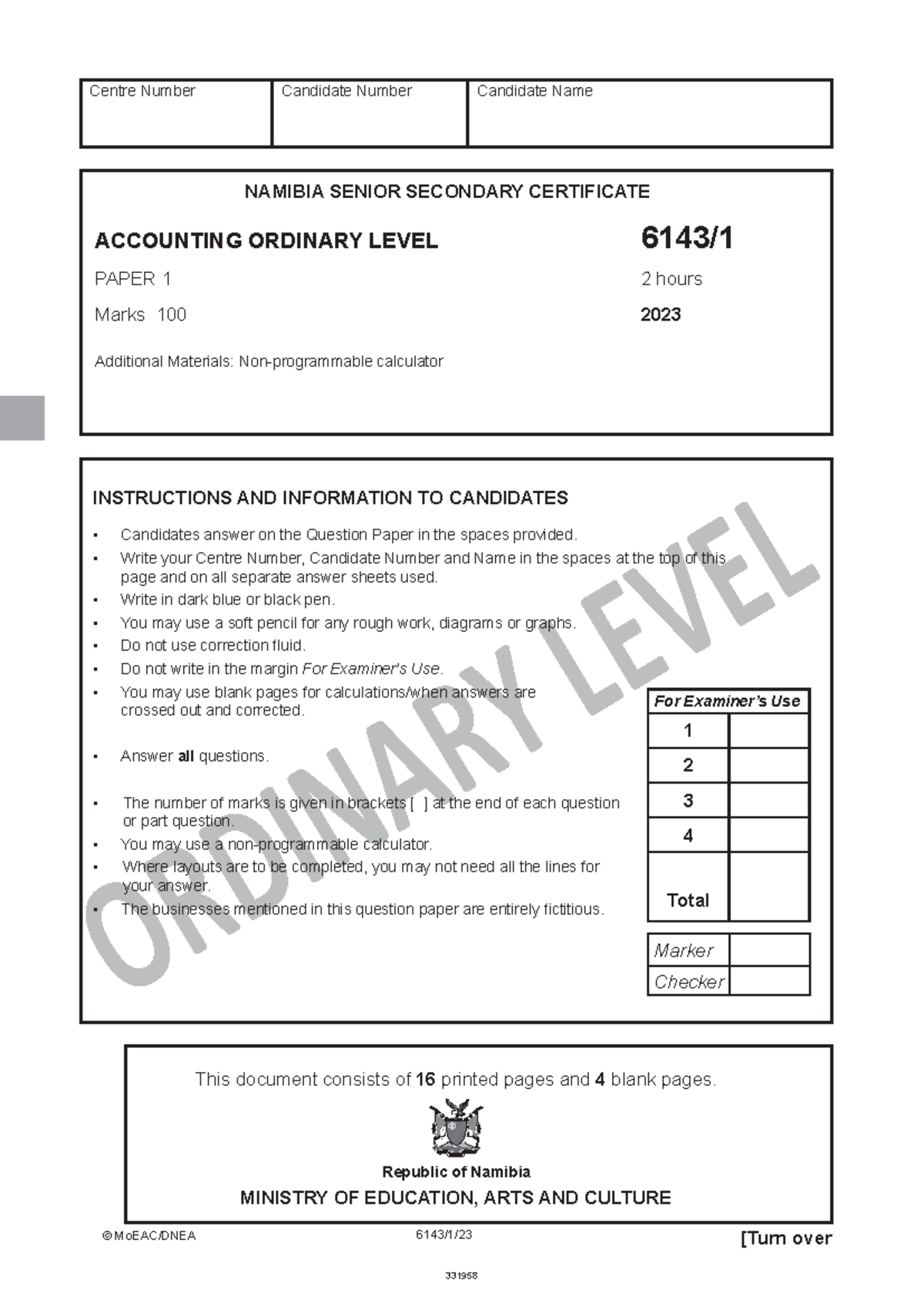 NSSC Accounting O Level Paper 1 2023 Exam Instructions and Questions ...