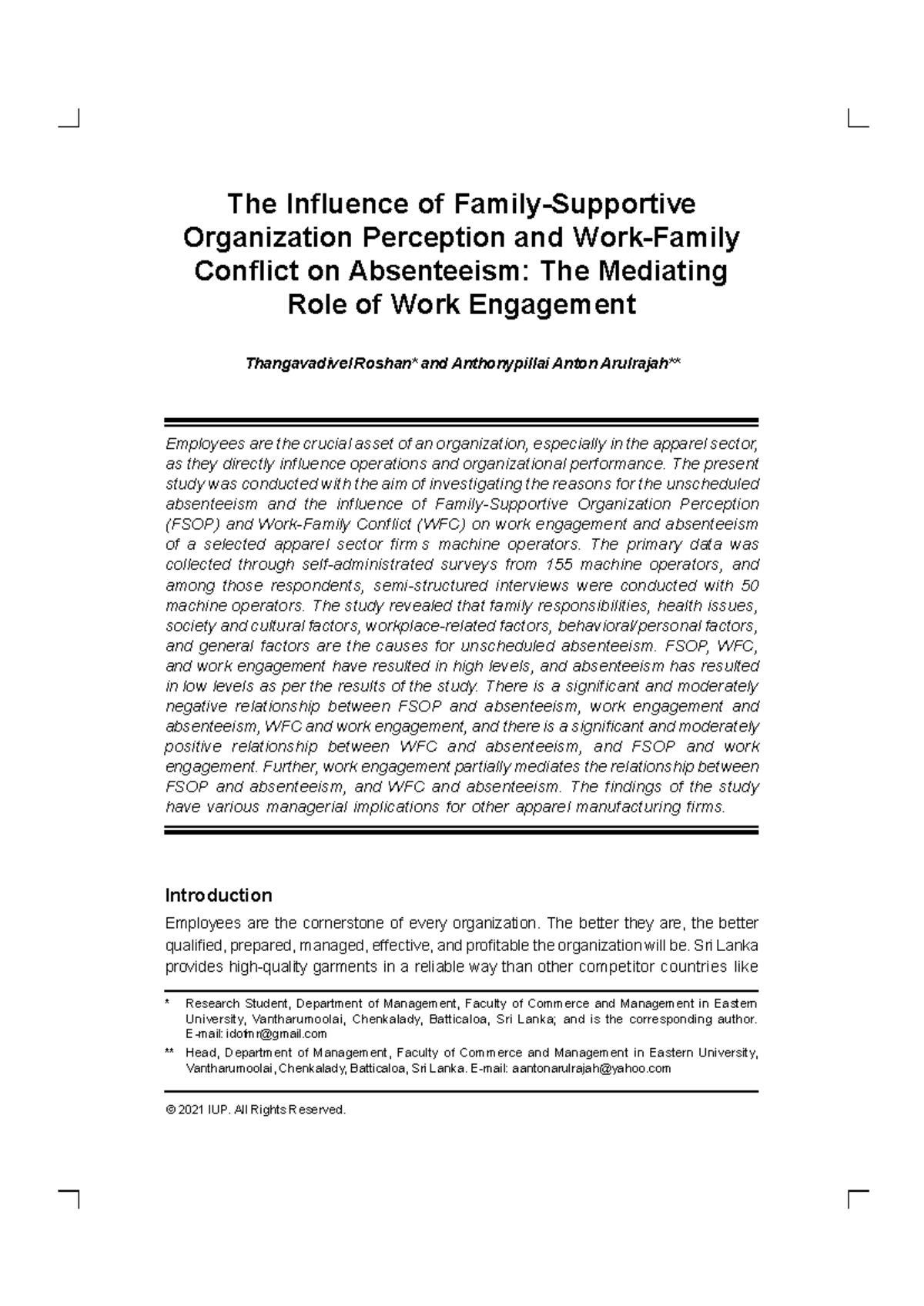 The Influence of FSOP and Conflict on Absenteeism: Mediating Work ...