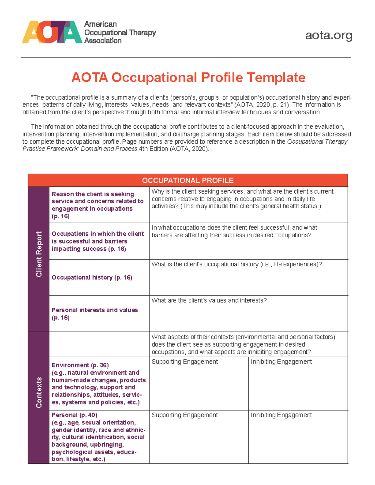AOTA Occupational Profile Template Guide for Client Evaluation - Studocu