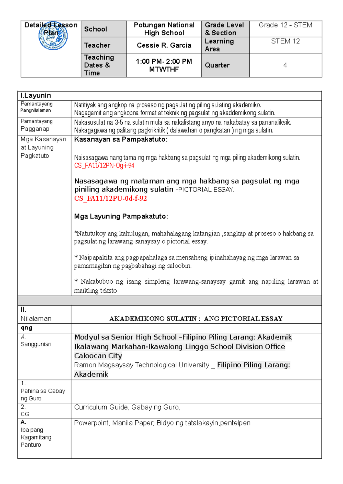 COT Piling Larang: Detailed Lesson Plan for Pictorial Essay in Grade 12 ...
