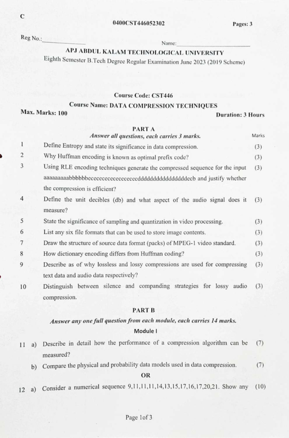 CST446 Data Compression Techniques - Eighth Sem B.Tech Exam 2023 - Studocu