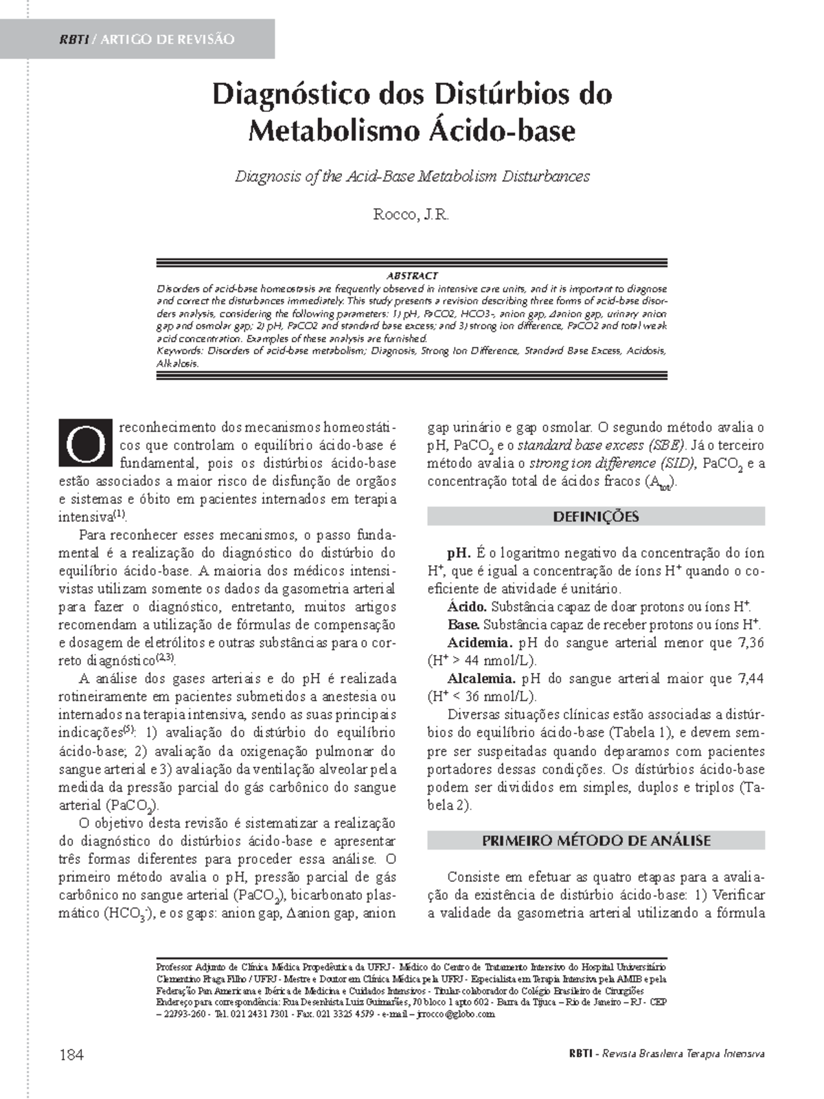 Diagnóstico dos Distúrbios Ácido-Base na Terapia Intensiva - 184 RBTI ...