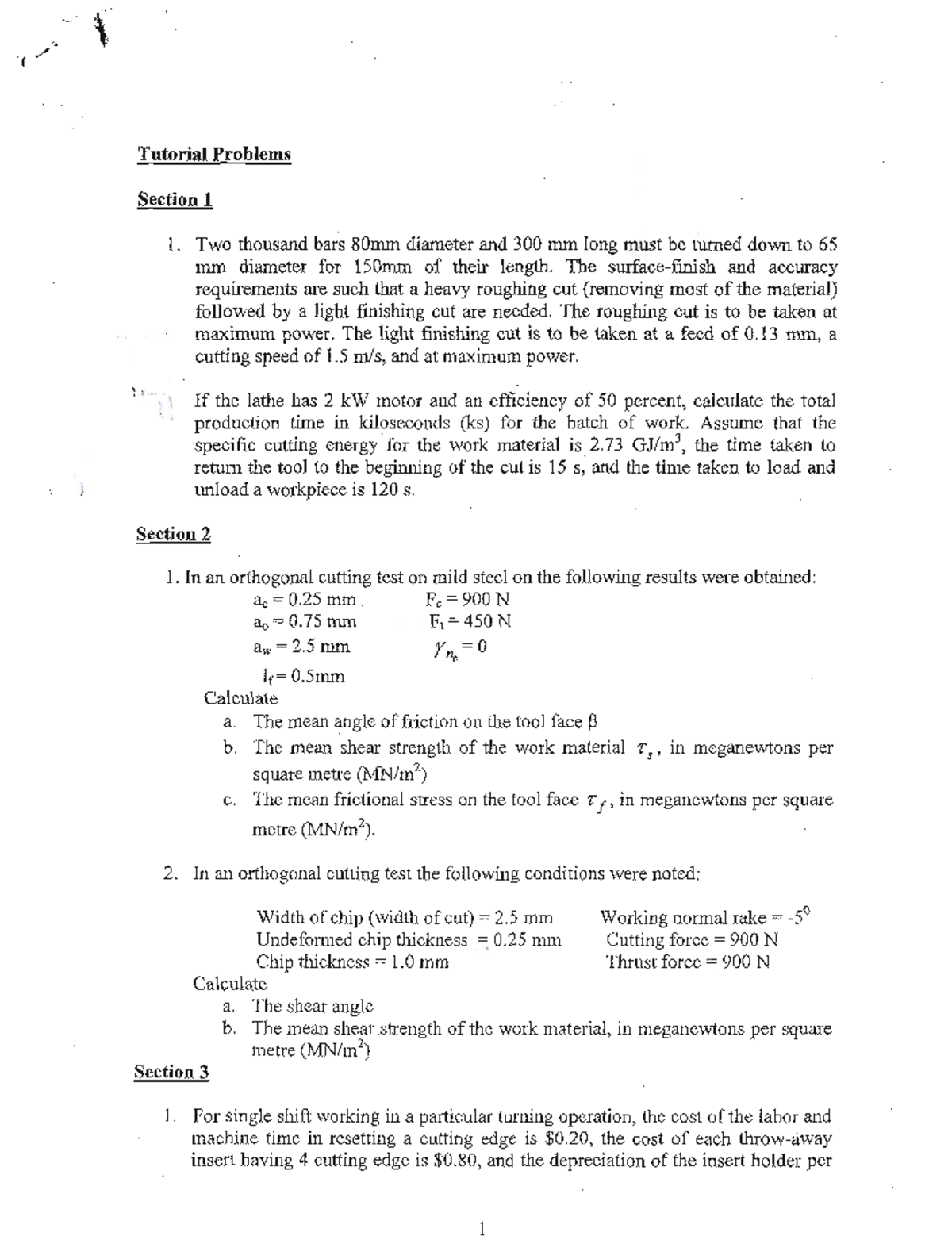 Tutorial work - Manufacturing Processes - Tutorial Problems Section 1 1 ...