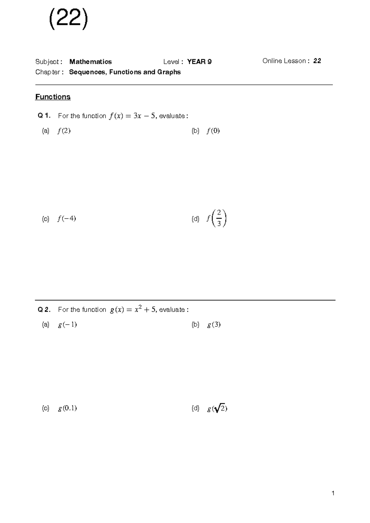 Mathematics Year 9 (22) - Functions Solutions from Online Lesson 22 ...