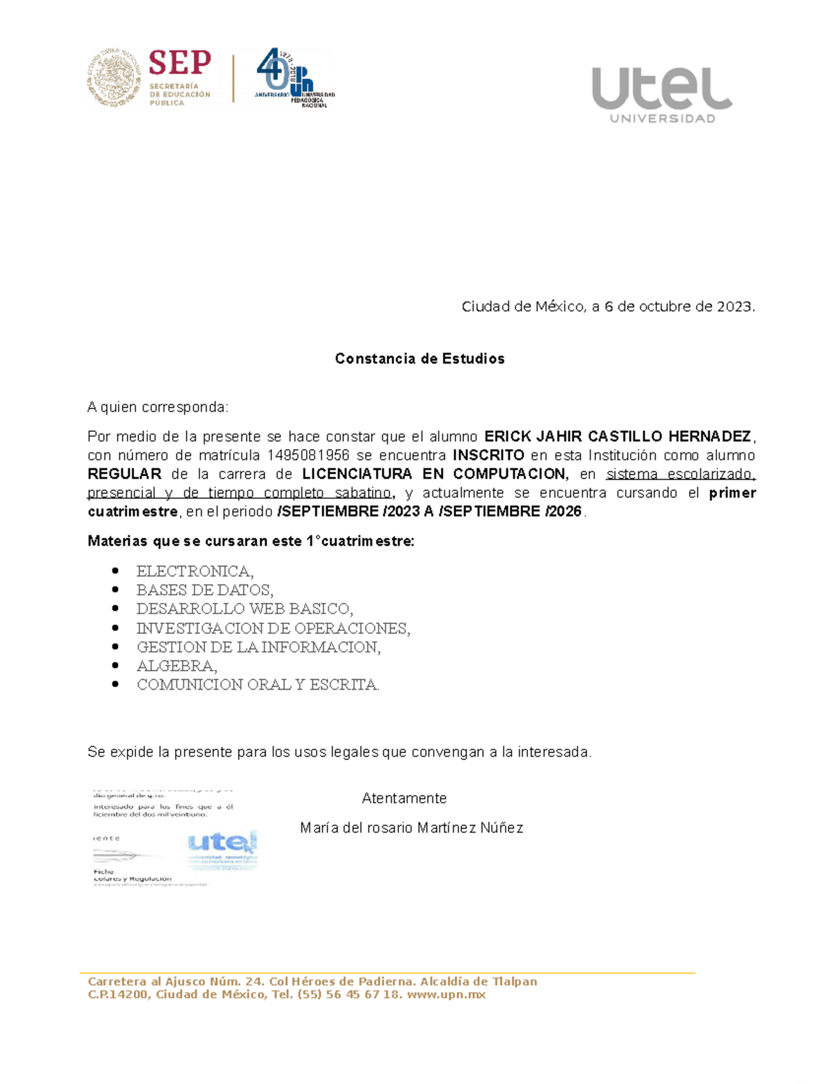 Constancia de Estudios de Erick J. Castillo - Lic. en Computación - Document Preview