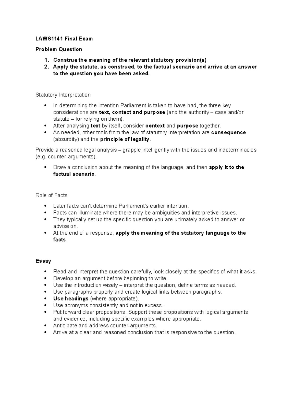 LAWS1141 Final Exam Guidance on Statutory Interpretation - Studocu