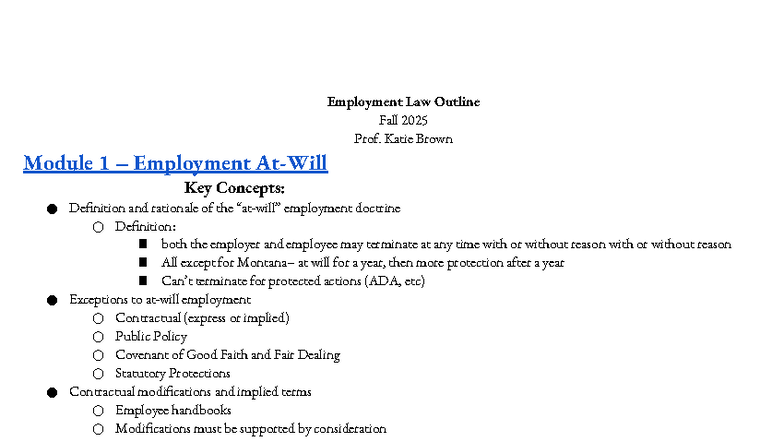 Employment Law Outline (EL FA2025) - Key Concepts and Cases - Studocu