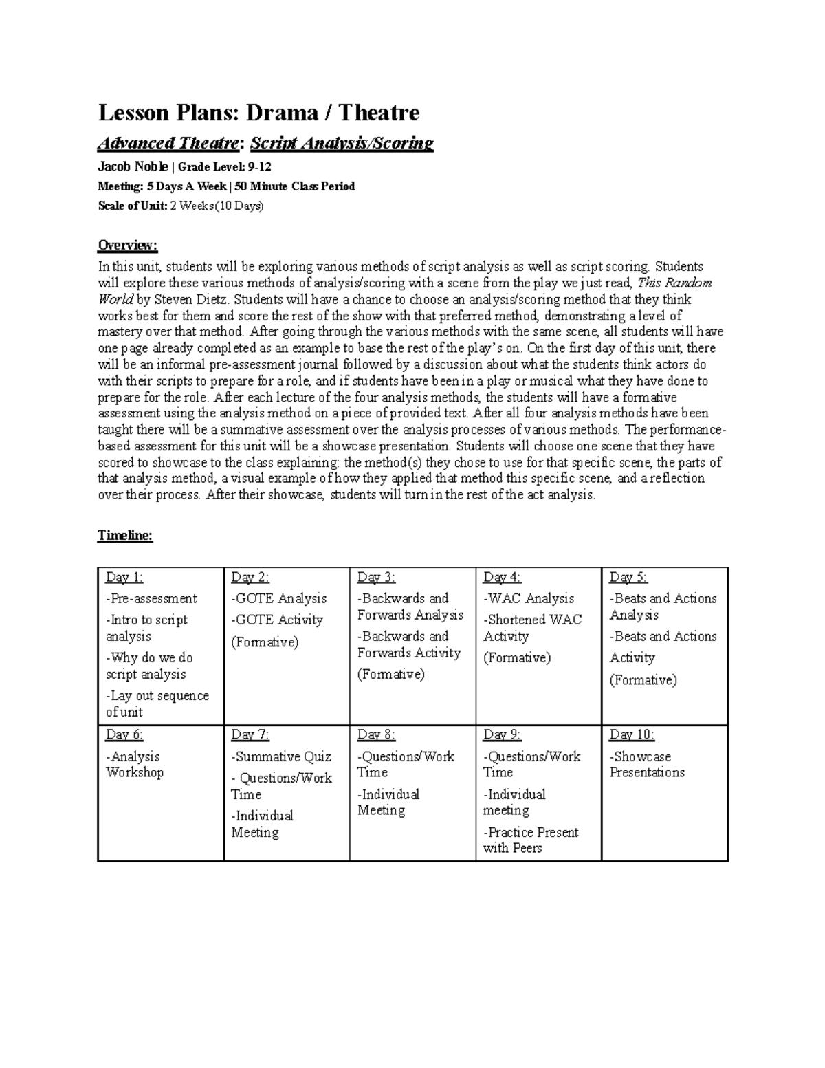 Advanced Theatre: Script Analysis Unit Plan - Final Exam Prep - Studocu