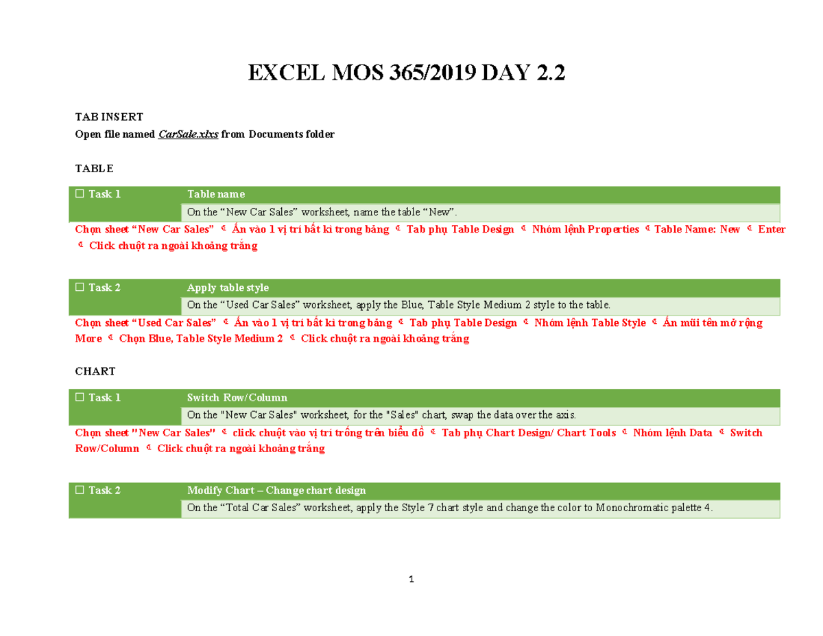 EXCEL MOS DAY 2: CarSale & EmployeeBonuses Tasks Guide - Studocu