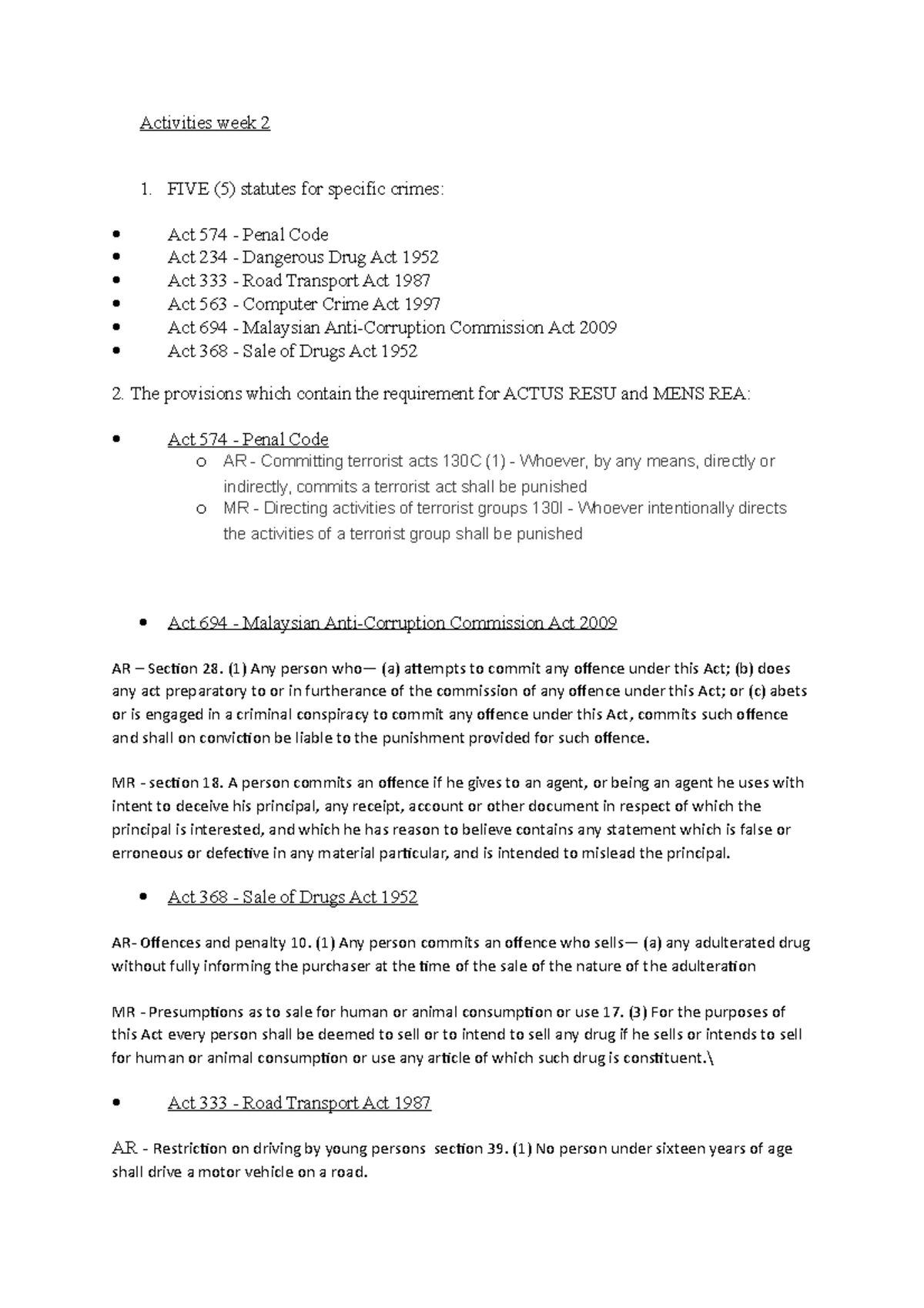 Activities week - FIVE (5) statutes for specific crimes: Act 574 ...