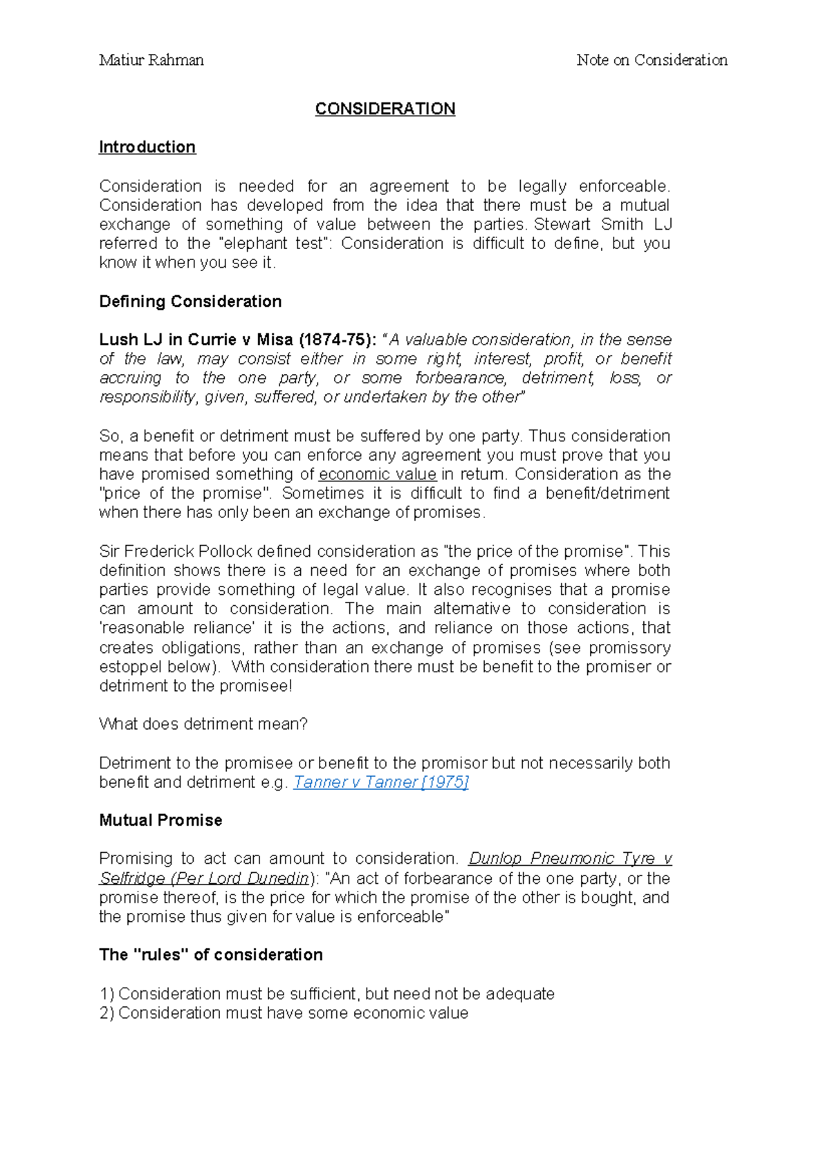 Matiur Rahman Notes on Consideration: Legal Principles & Cases - Studocu