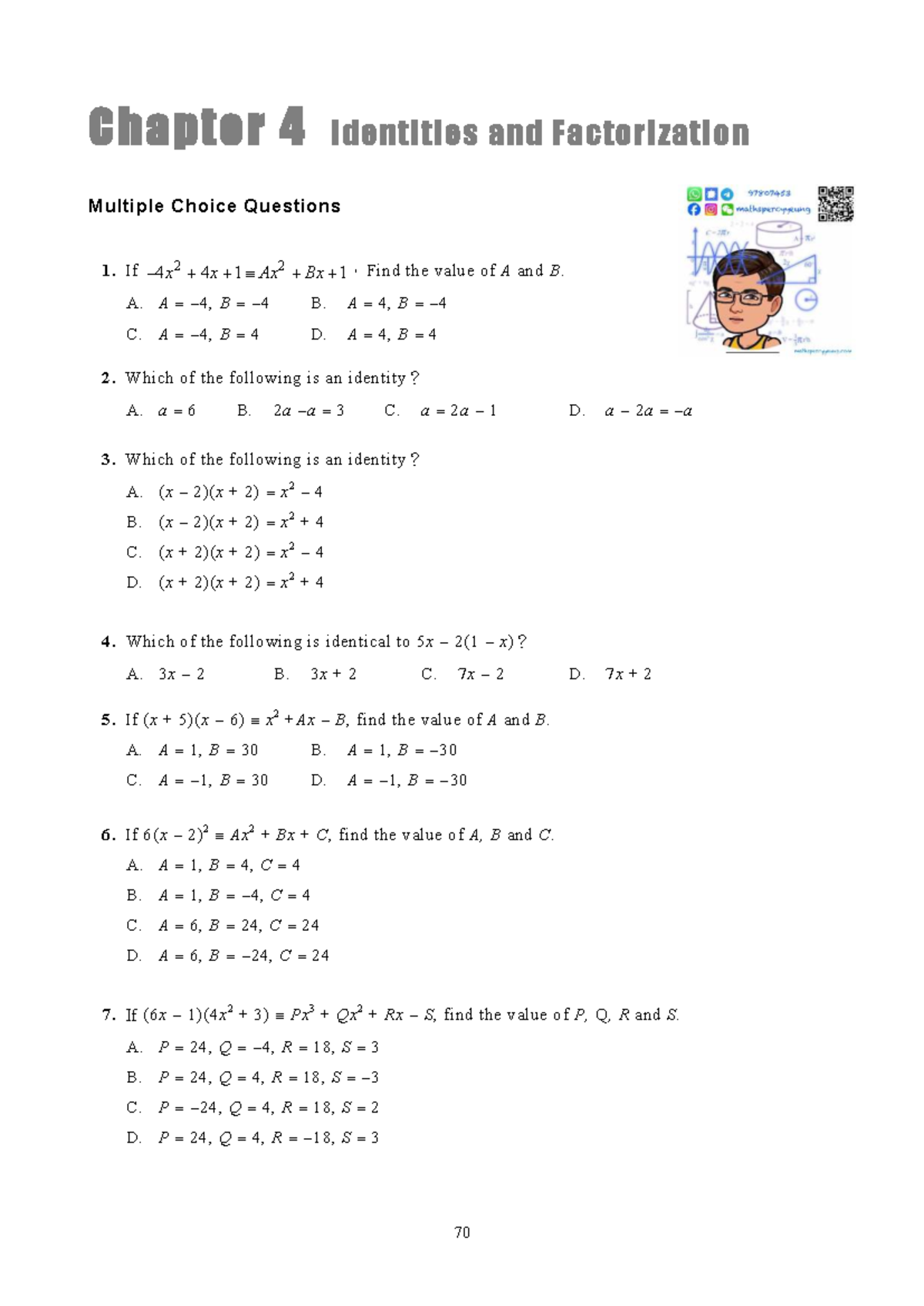 S2 Chapter 4 Identities and Factorization Quiz Questions - Studocu