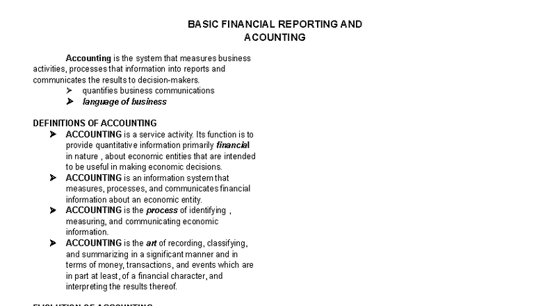 BASIC FINANCIAL REPORTING AND ACCOUNTING: Key Concepts and Systems ...