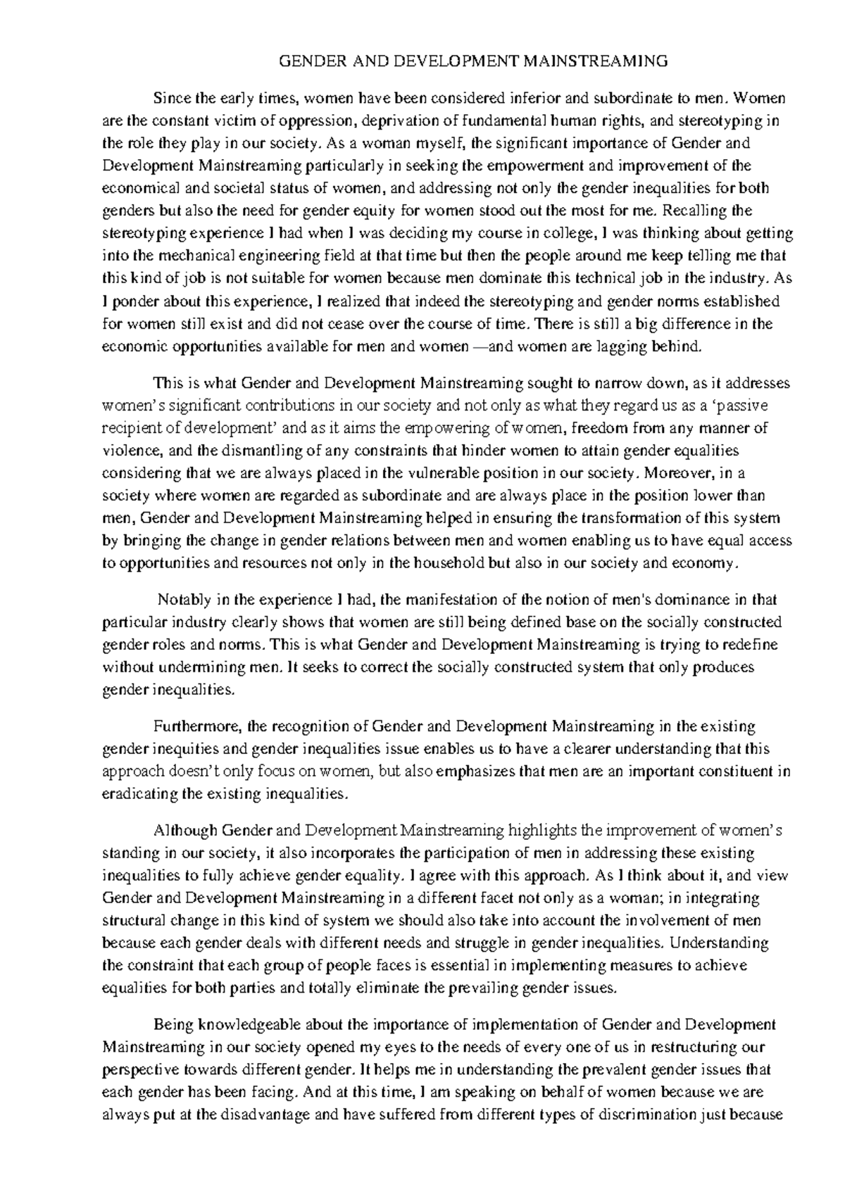 Reflection Paper about Gender AND Development Mainstreaming ...