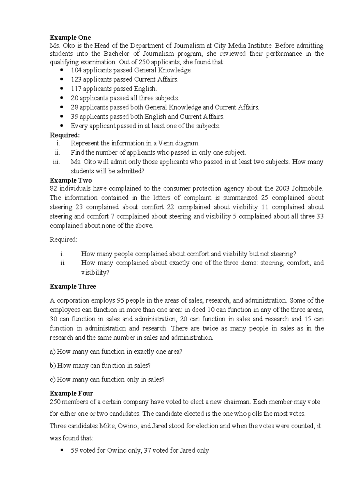 Set Theory Questions - Example One Ms. Oko is the Head of the ...