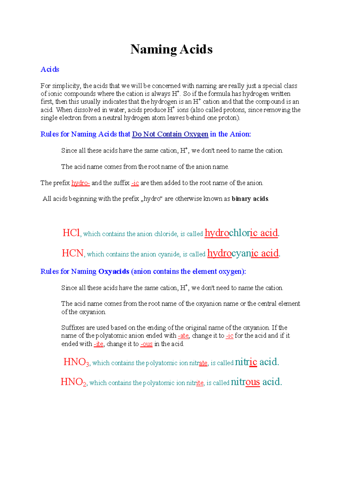 Naming Acids: Lecture Notes on Acid Nomenclature - Studocu