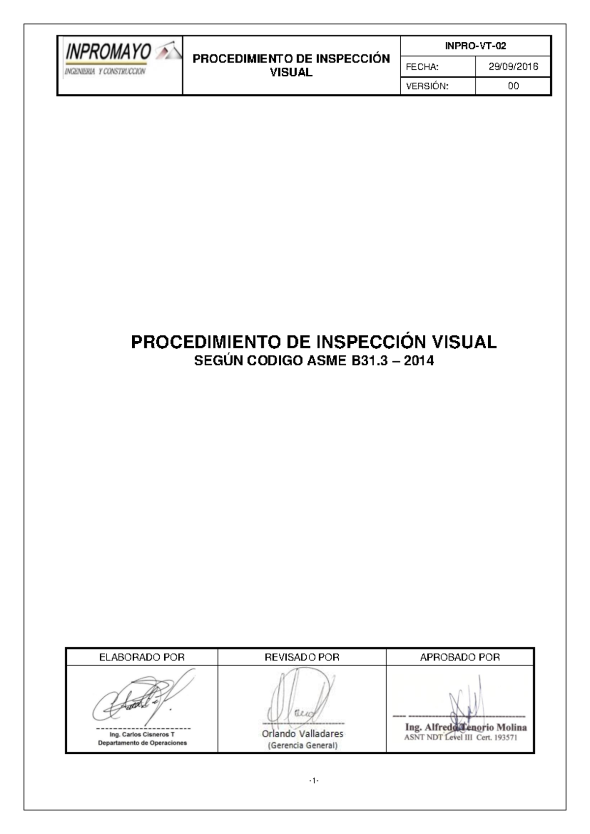 Procedimiento de Inspección Visual según ASME B31.3: Versión 00 - Studocu