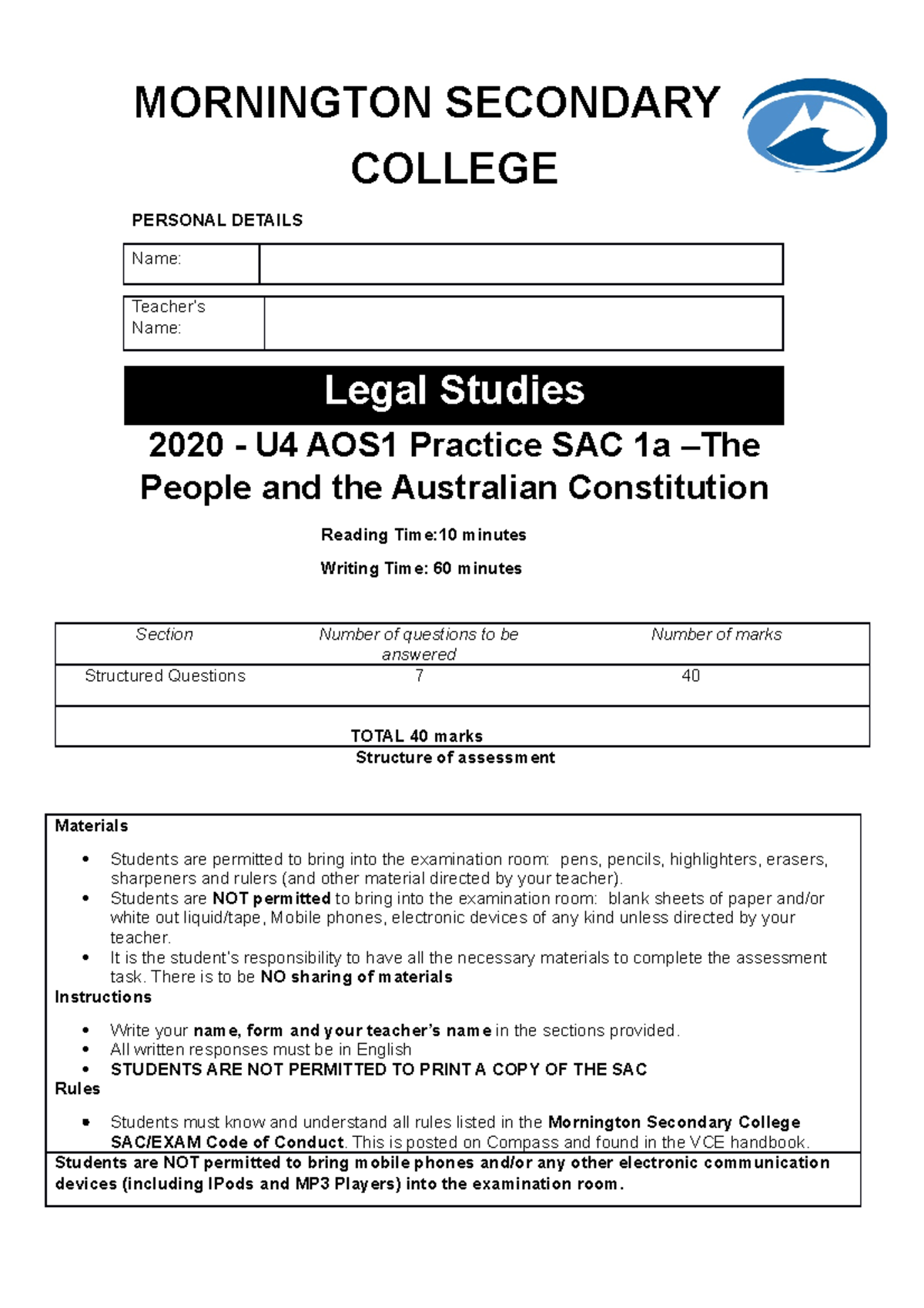 Unit 4 AOS1 Legal Studies Practice SAC: The People & the Constitution ...