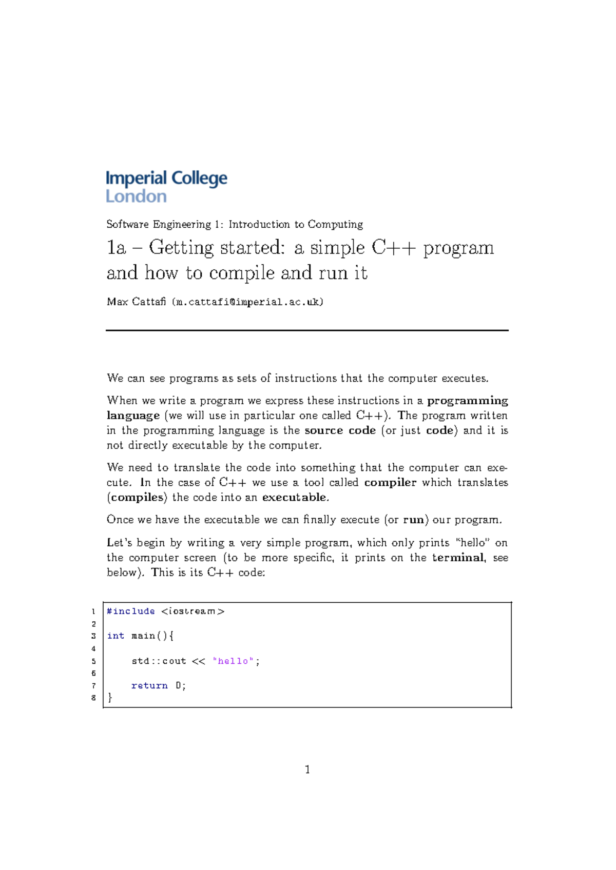 Soft Eng 1 - Intro to Computing: C++ Basics & First Program Guide - Studocu