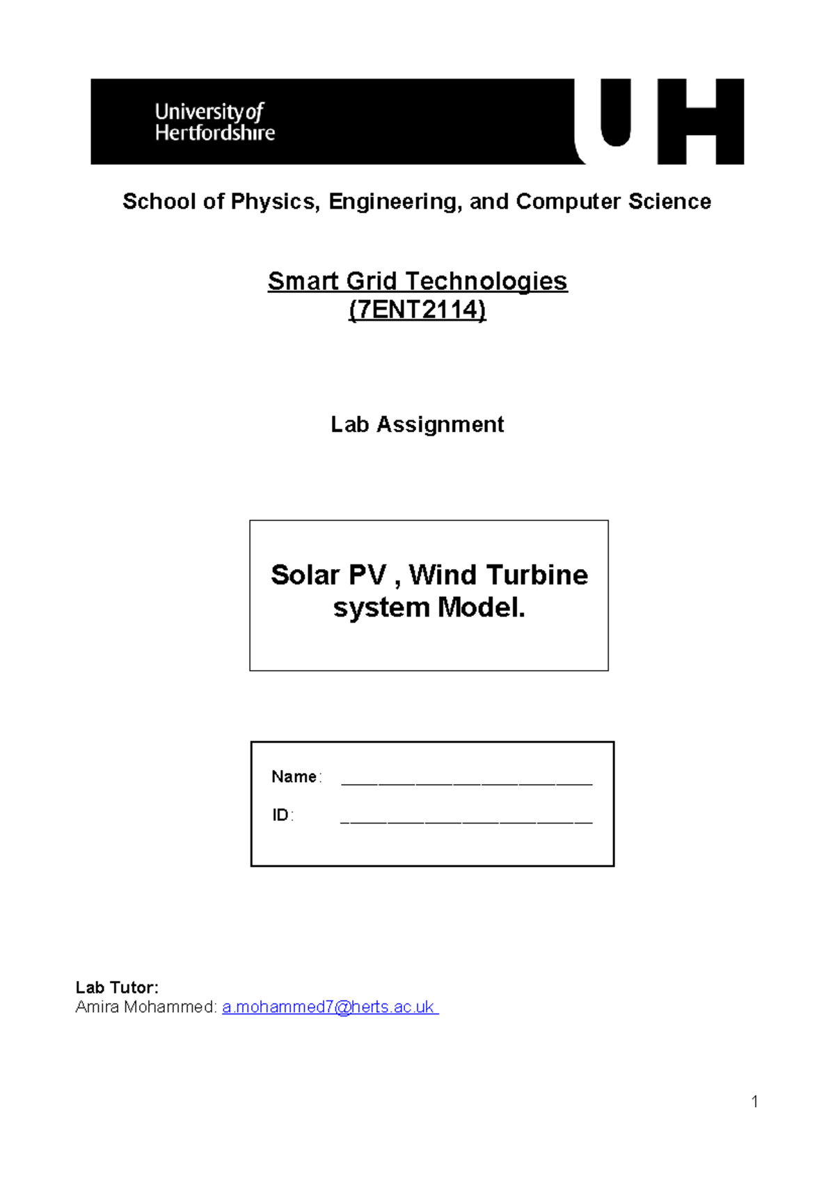 Lab Assignment on Smart Grid: Solar PV & Wind Turbine Systems (7ENT2114 ...