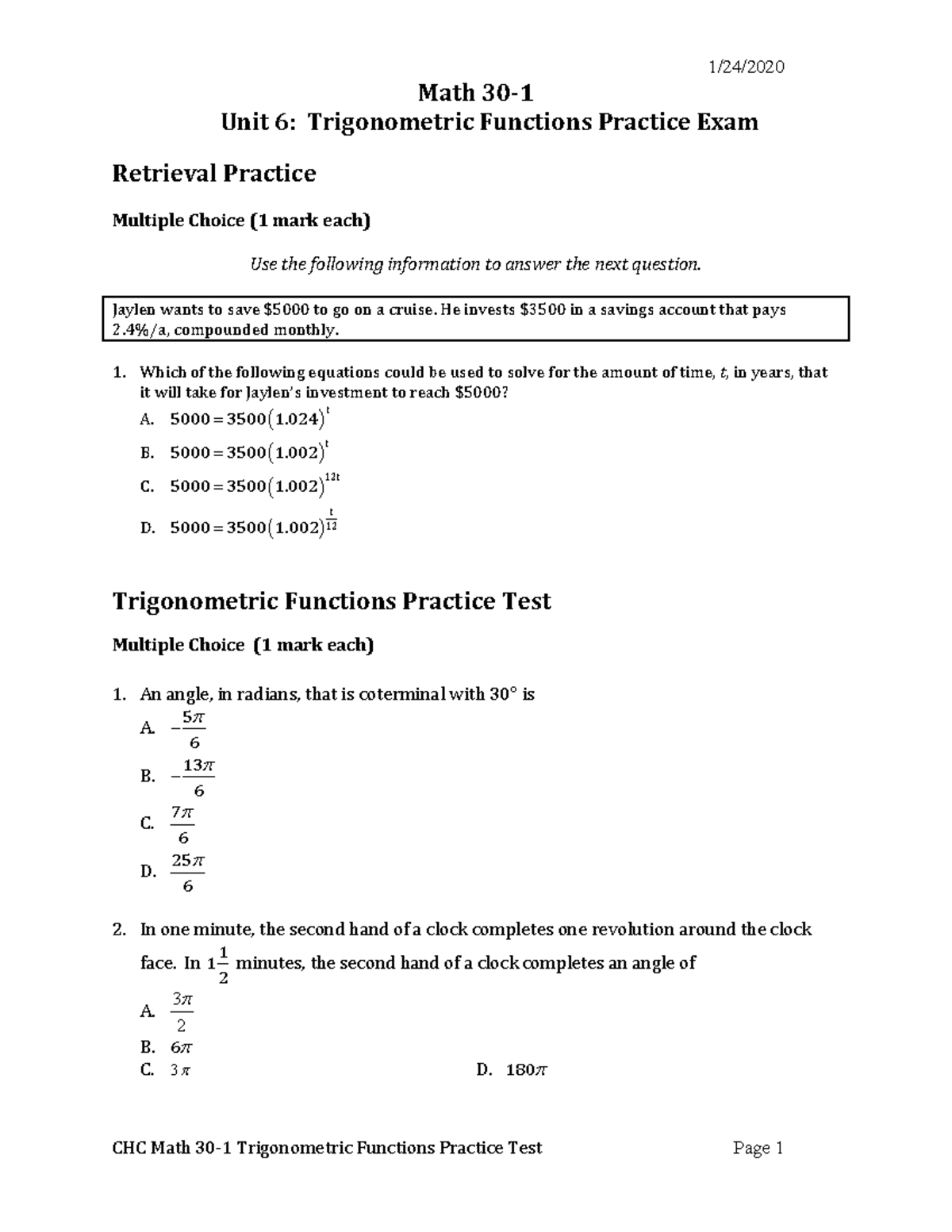 Trigonometric Functions Practice Test - 1/24/ Math 30- Unit 6 ...
