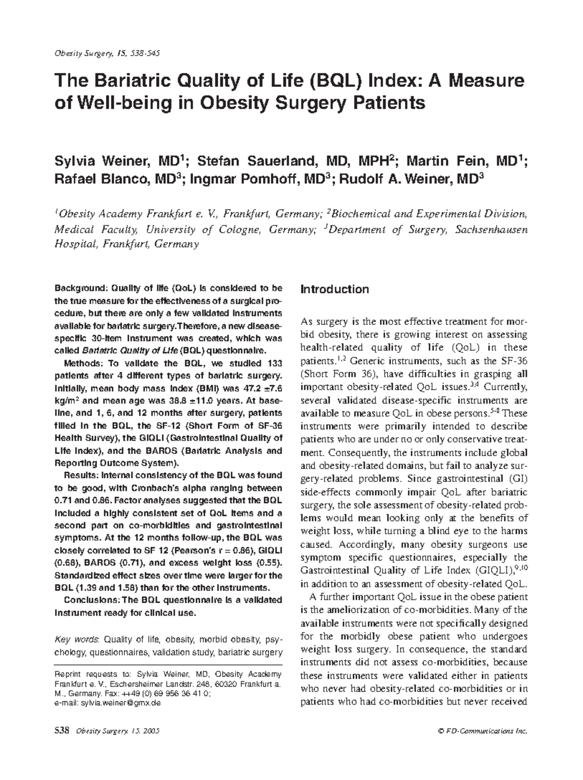 BQL qualidade de vida especifica cirurgia obesidade - 538 Obesity ...
