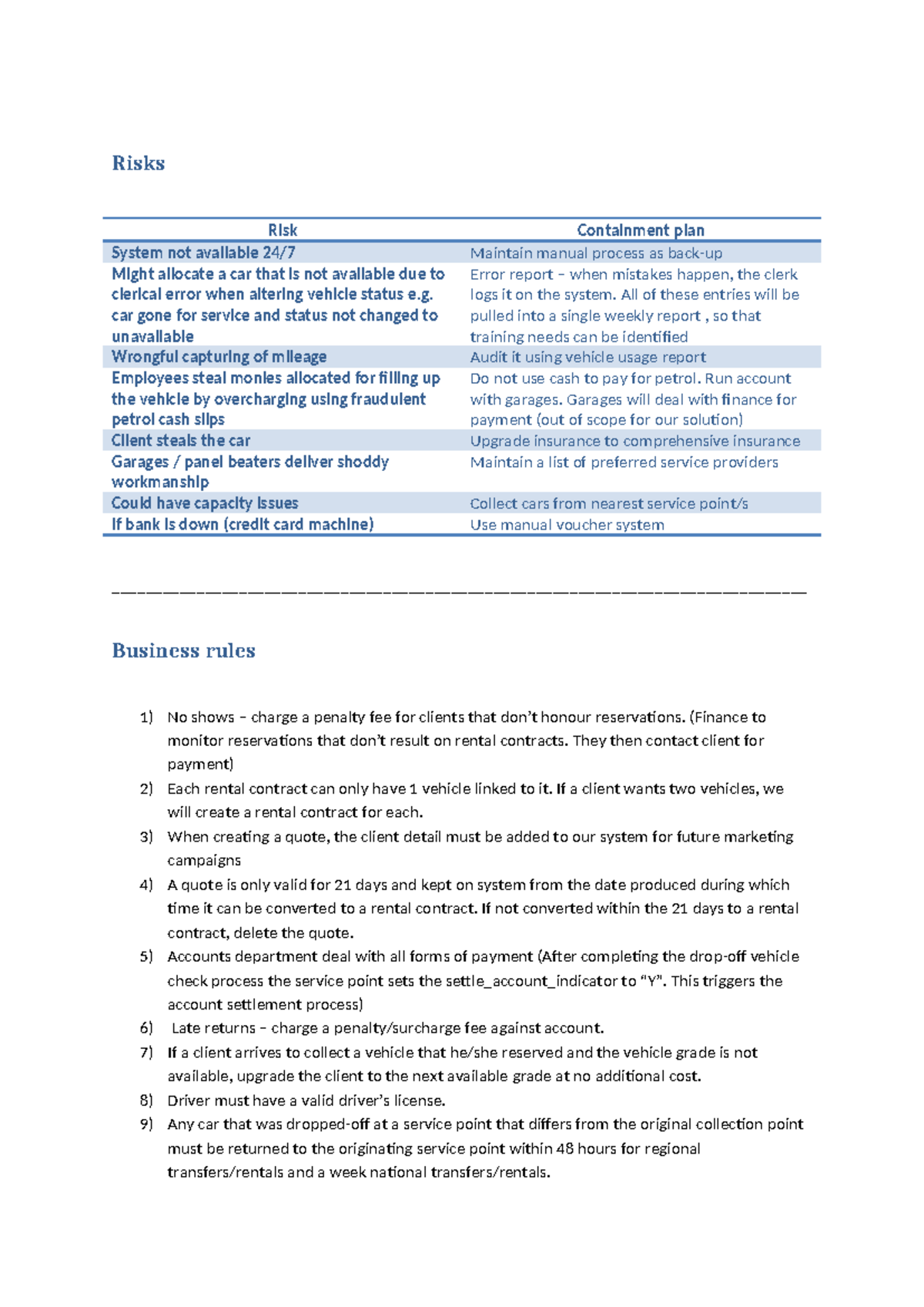 Risk Management and Business Rules for Vehicle Rental System - Studocu