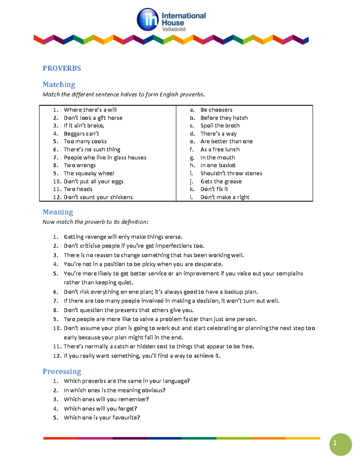 English Proverbs: Exercises, Meanings & Scenarios Matching - Studocu