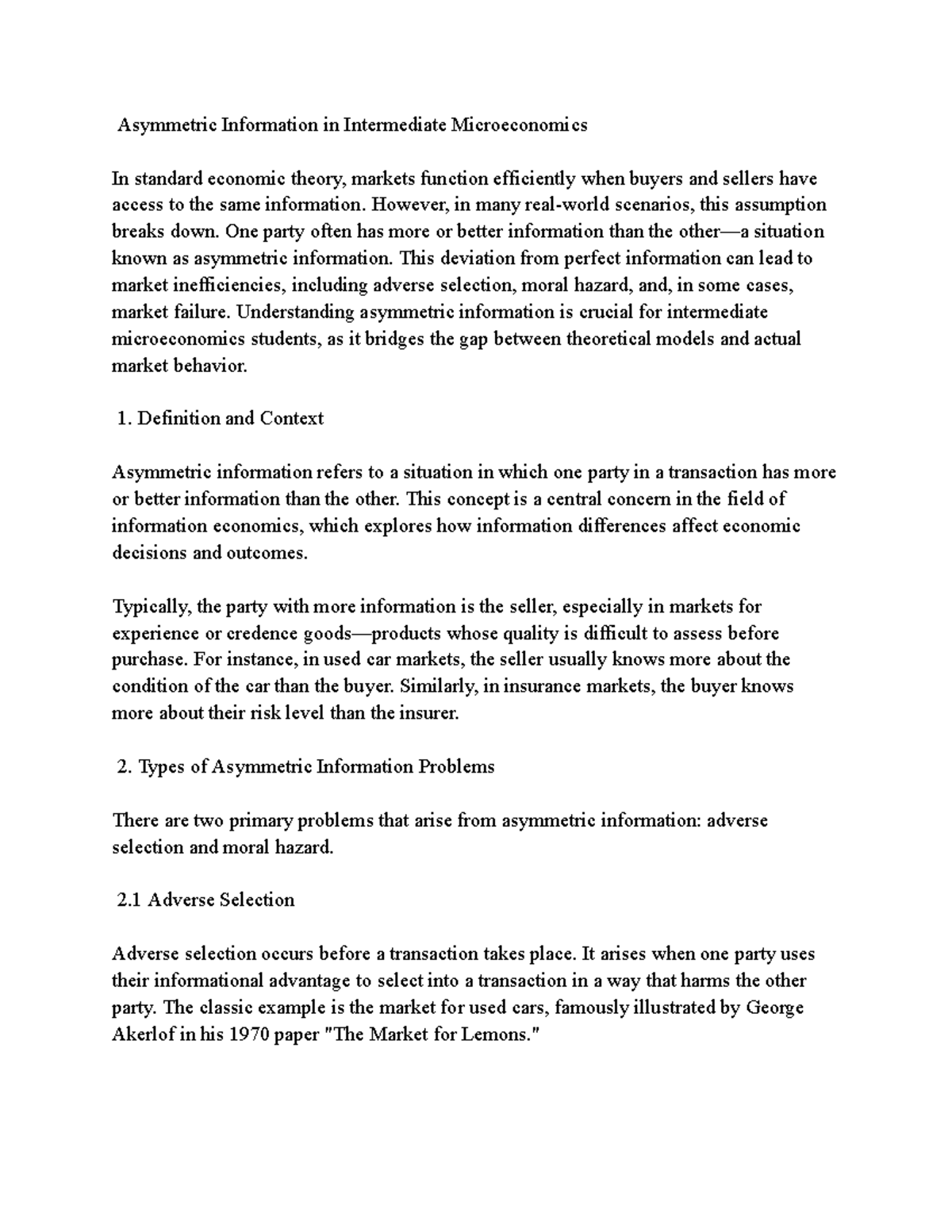 Intermediate Microeconomics: Asymmetric Information Notes (MEC 301 ...