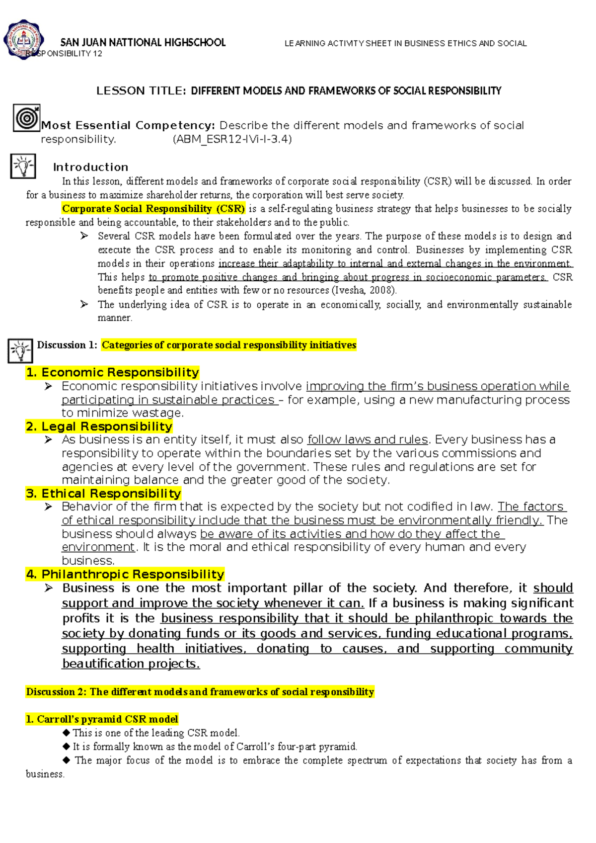 LAS Corporate Social Responsibility Lesson Q2: Models & Frameworks ...