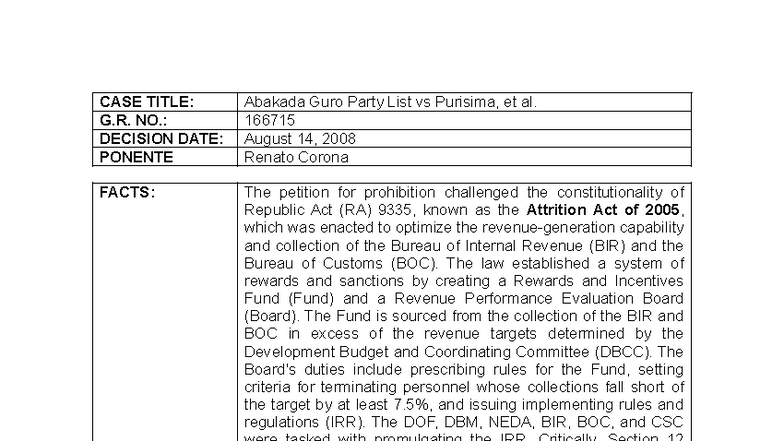 Abakada Guro Party List vs Purisima - G.R. No. 166715 Case Study - Studocu