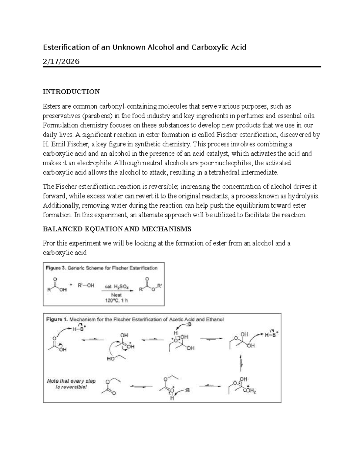 Ochem 2 Prelab 4: Fischer Esterification of Unknown Alcohol and Acid ...