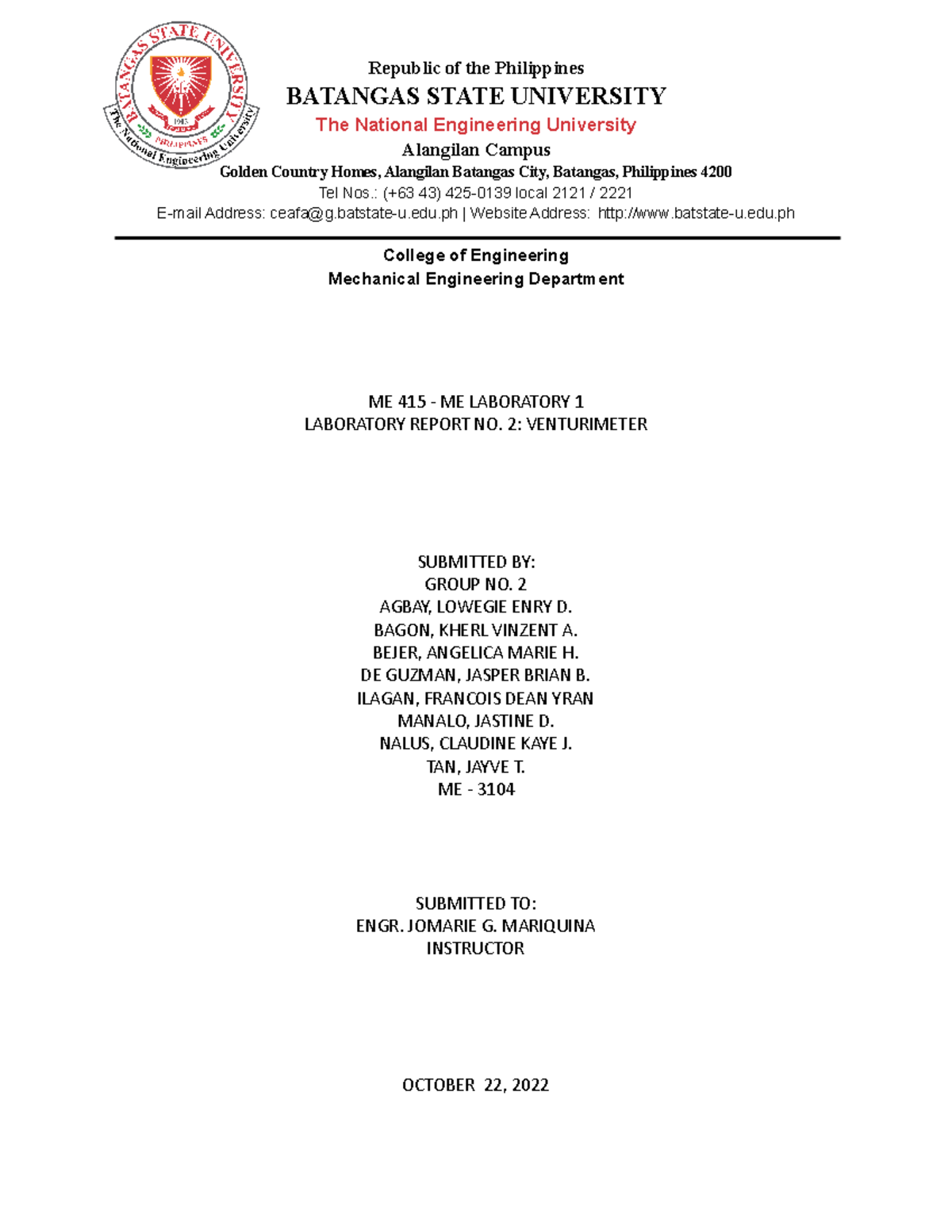 ME 415 - Lab Report 2: Utilizing the Venturi Meter in ME Lab 1 - Studocu
