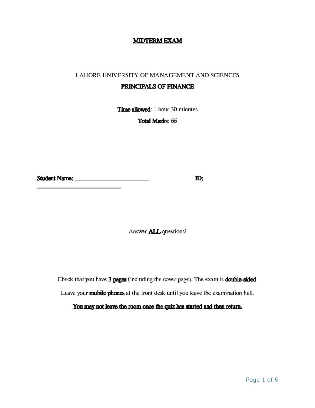 MIDTERM EXAM - PRINCIPLES OF FINANCE (LUMS) Practice Material - Studocu