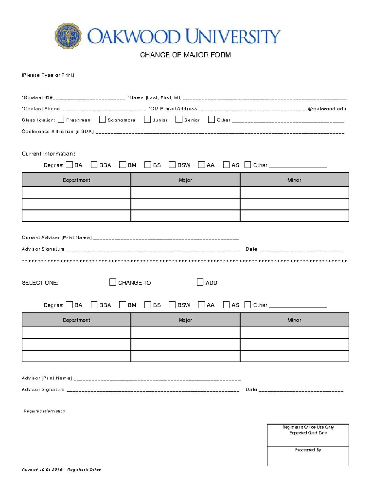Historic campus documents - CHANGE OF MAJOR FORM Registrar’s Office Use ...