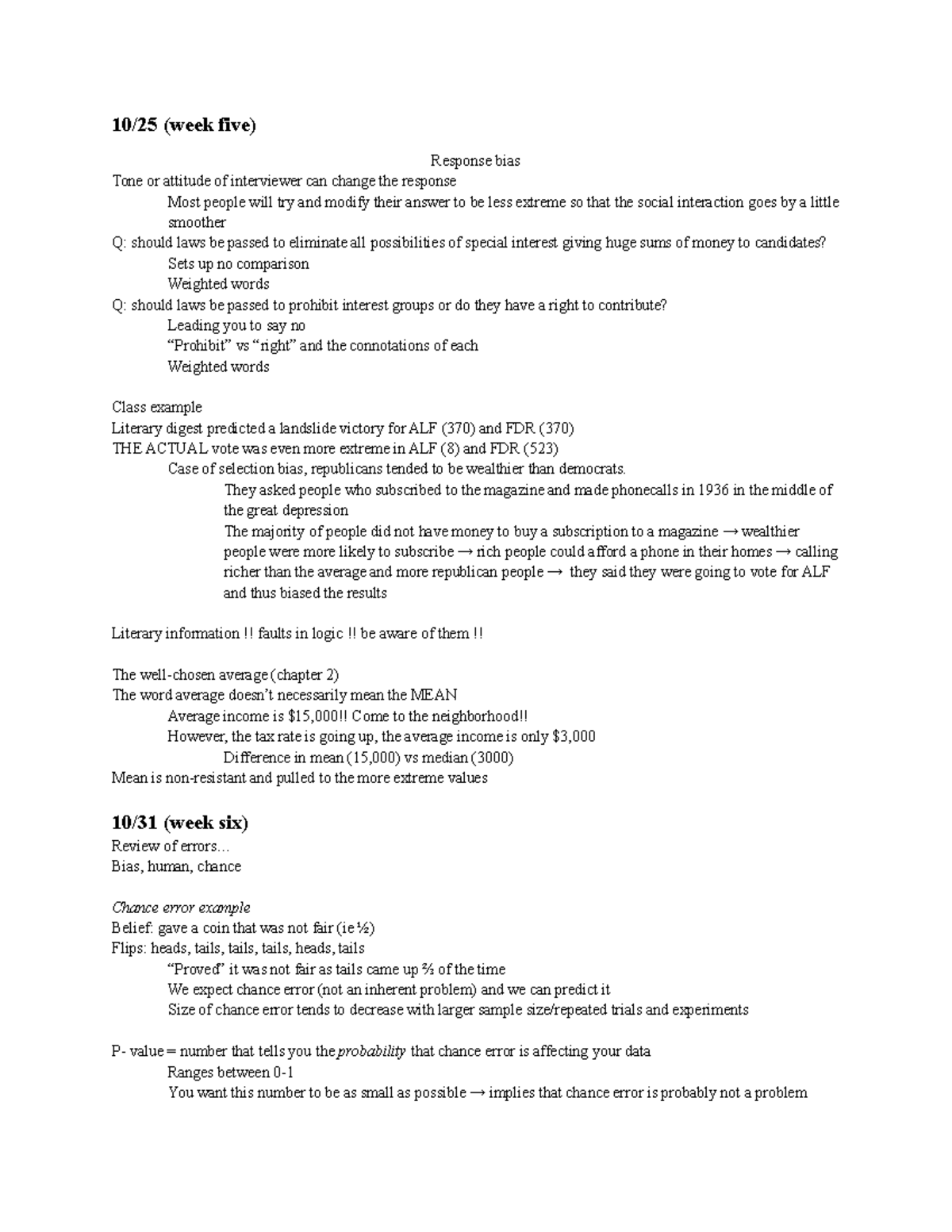 Lecture Notes: Week 5 & 6 on Bias and Statistical Errors (Course Code ...