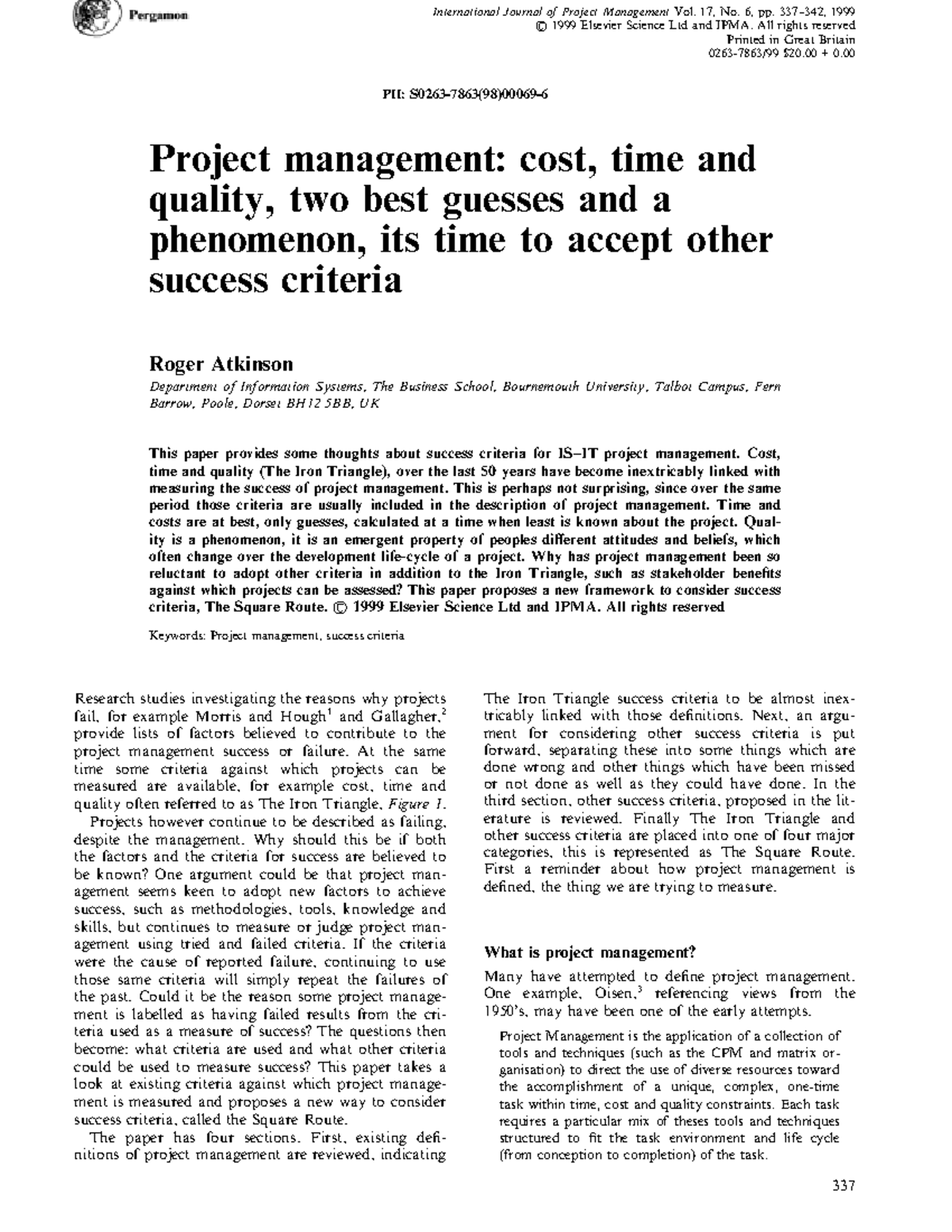 Project Management Success Criteria: Beyond the Iron Triangle - Studocu
