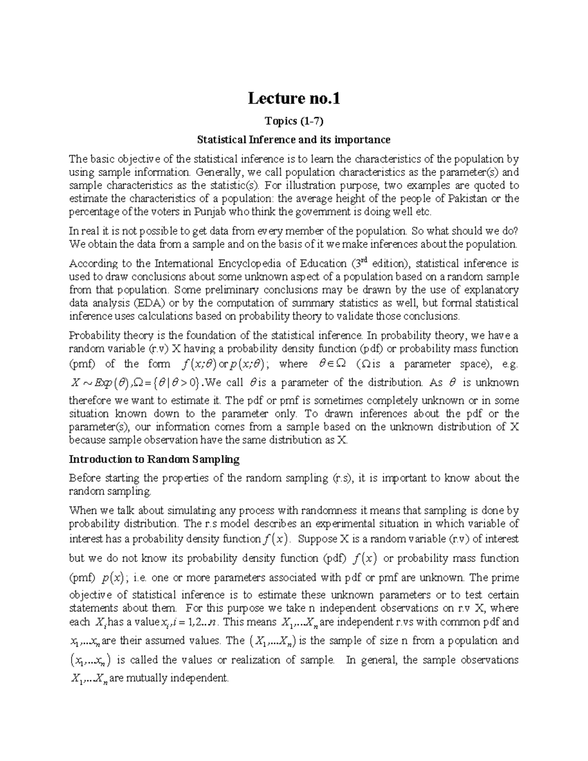 Lecture Handouts on STA631: Statistical Inference & Sampling (1-45 ...
