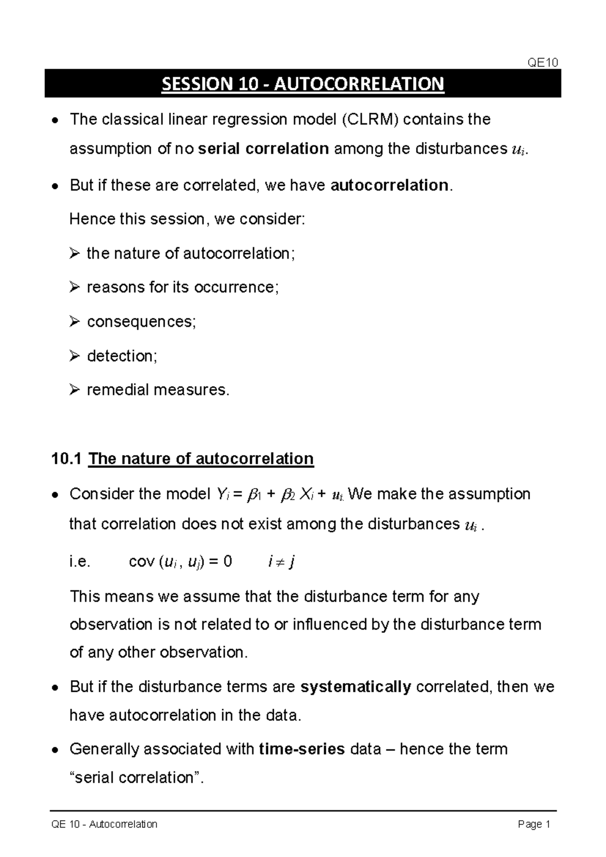 Autocorrelation Notes for QE10: Understanding Serial Correlation - Studocu