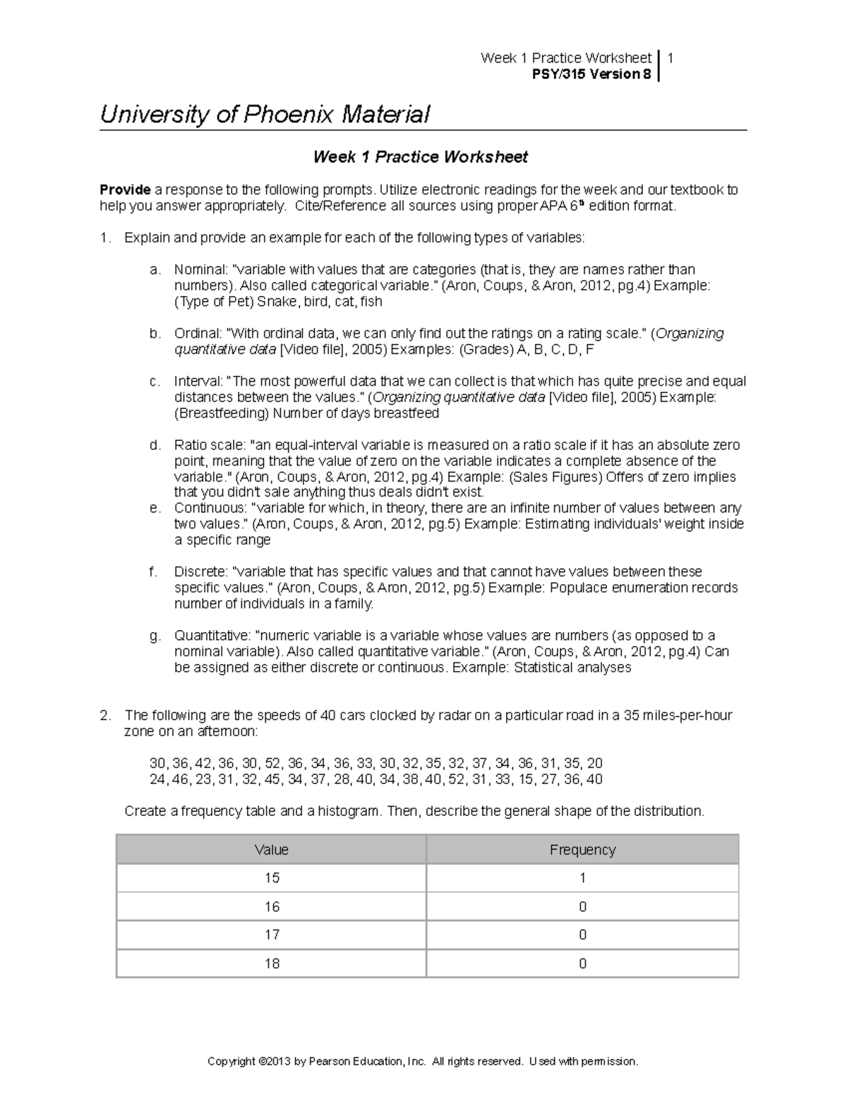PSY/315 Week 1 Variables Practice Worksheet and Analysis - Studocu
