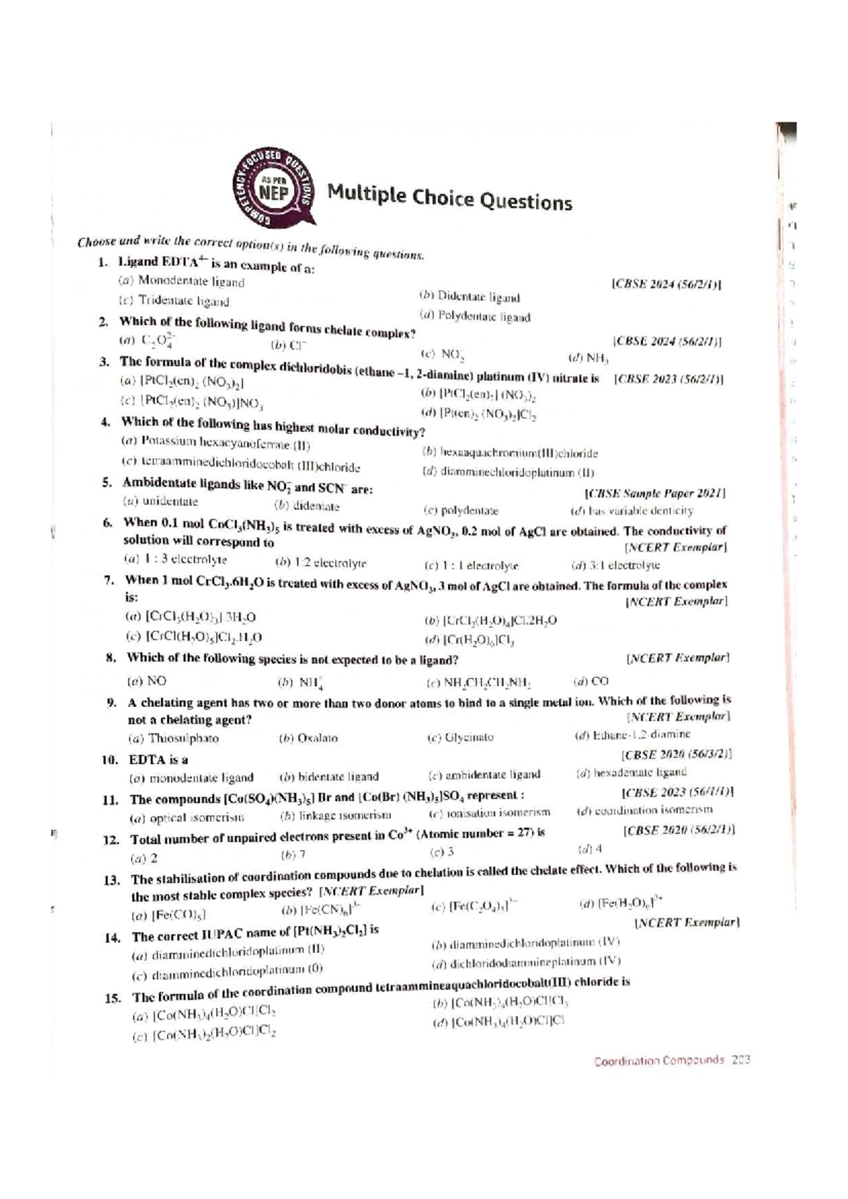 Co-ordination Compounds MCQs Sample Paper 2025-2026 - Studocu