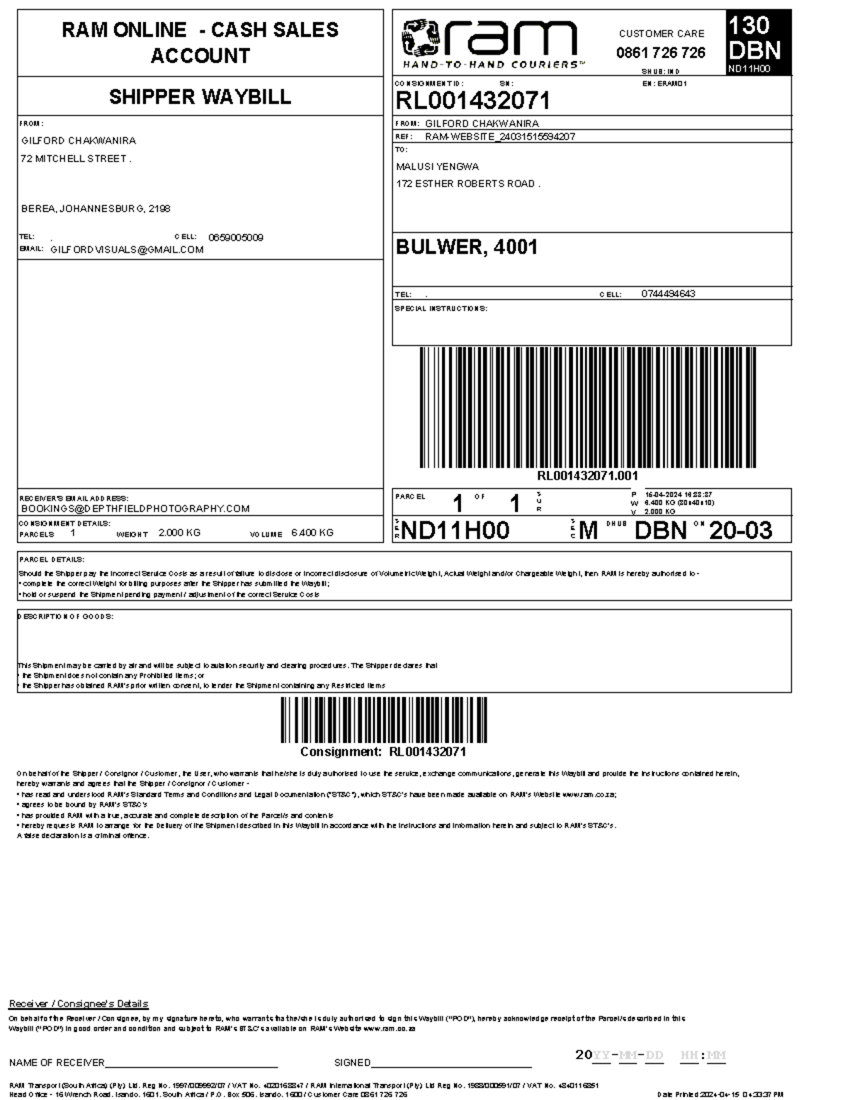 Waybill RL001432071 - Example of Invoice and Shipping Document - Studocu