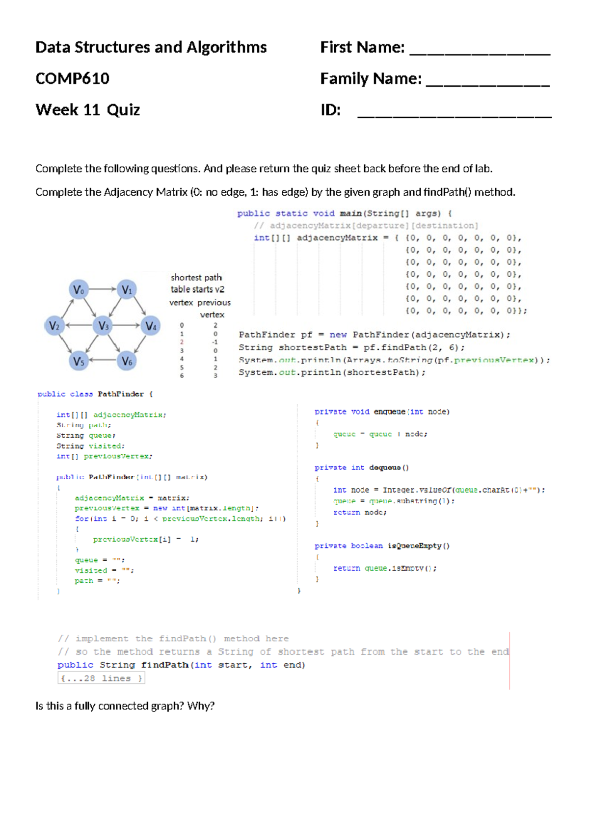 COMP610 Data Structures & Algorithms Lab Week 11 Quiz - Studocu