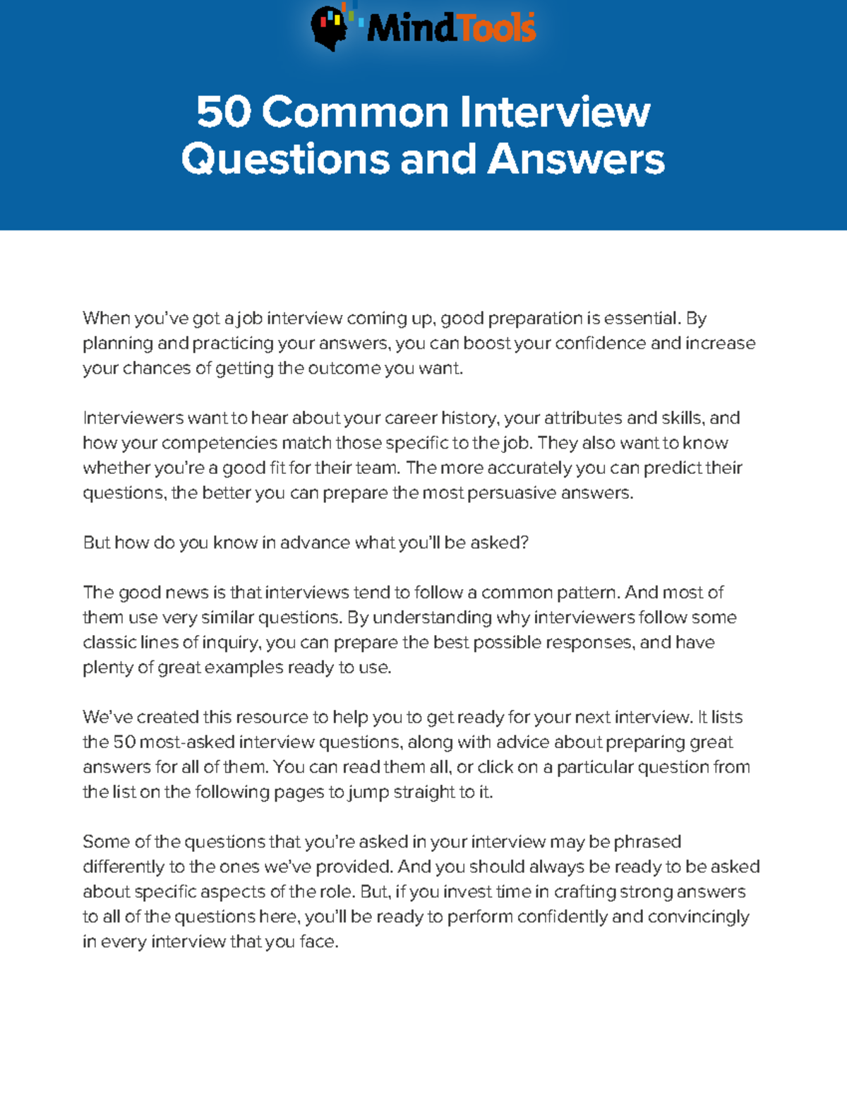 Comprehensive Guide to Interview Q&A: 50 Essential Questions - Studocu