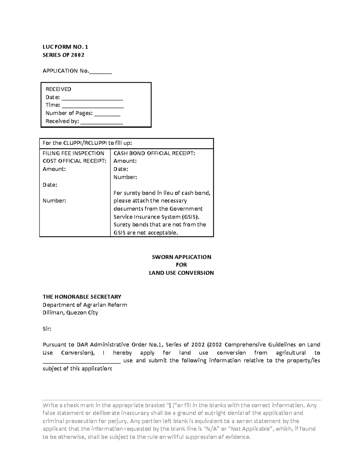 DAR LUC Form No. 1 Application for Land Use Conversion - 2002 - Studocu