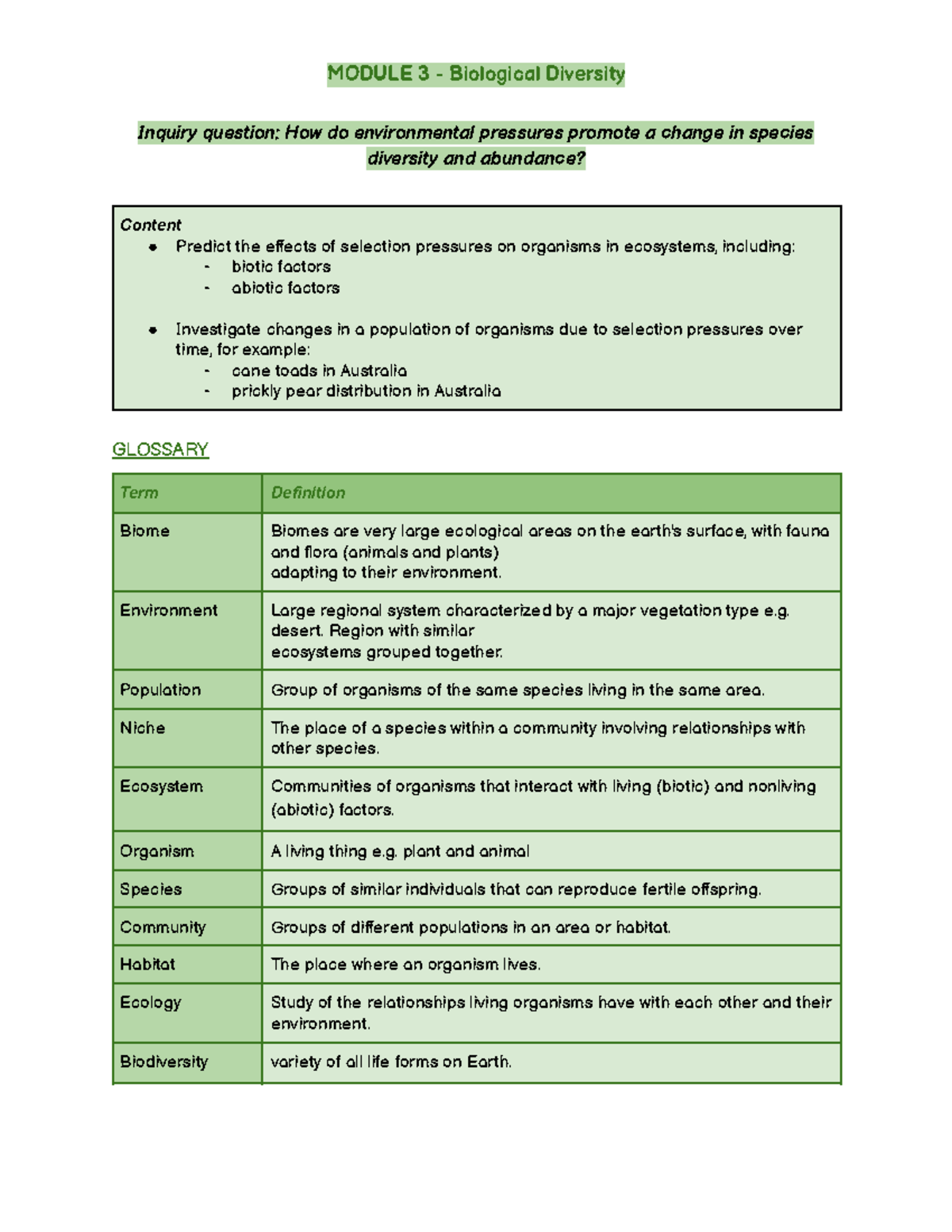Module 3 Biology YR 11: Exploring Biodiversity and Evolution - Studocu