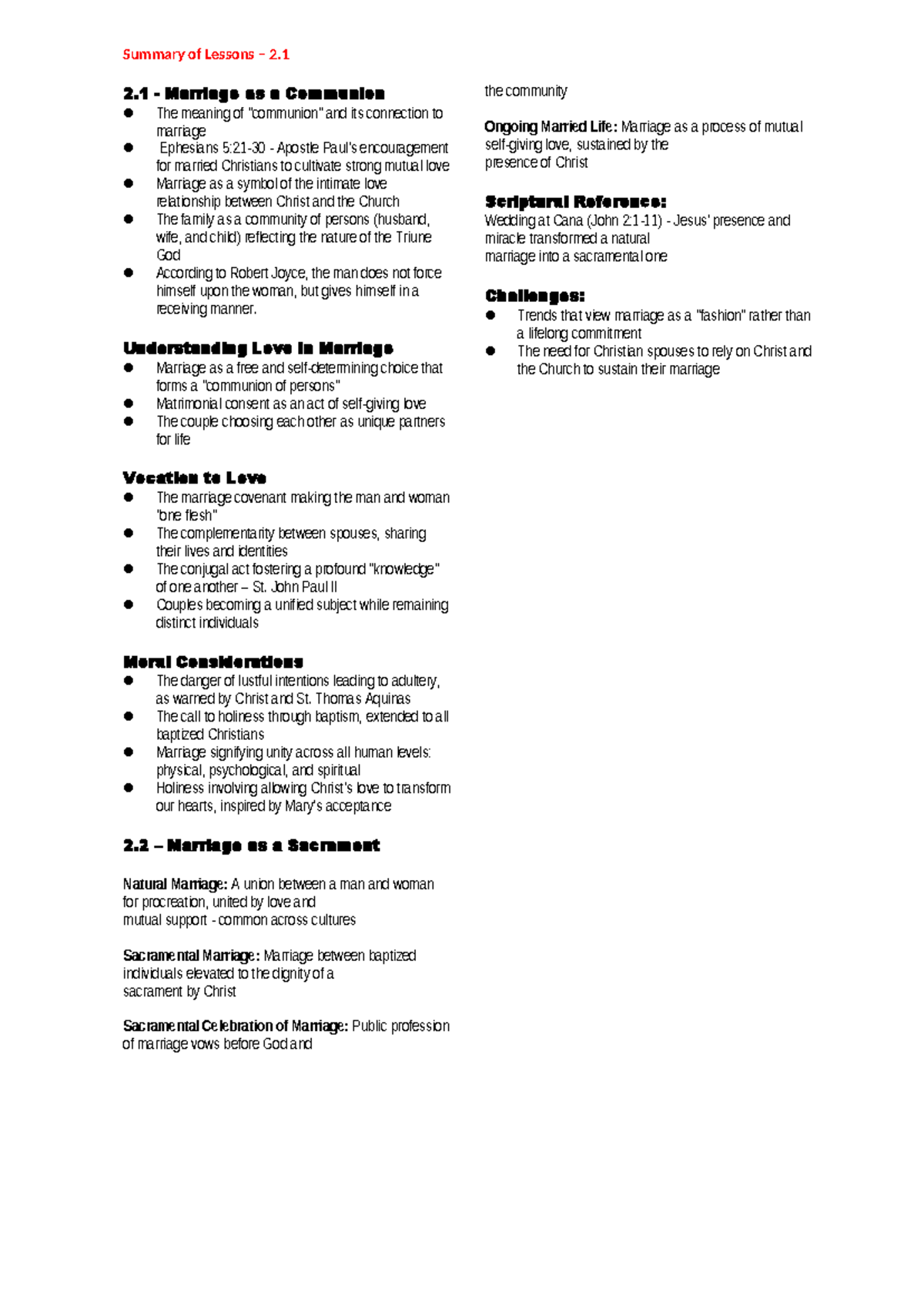 Theology Notes for Grade 12: Understanding Marriage as Communion and ...