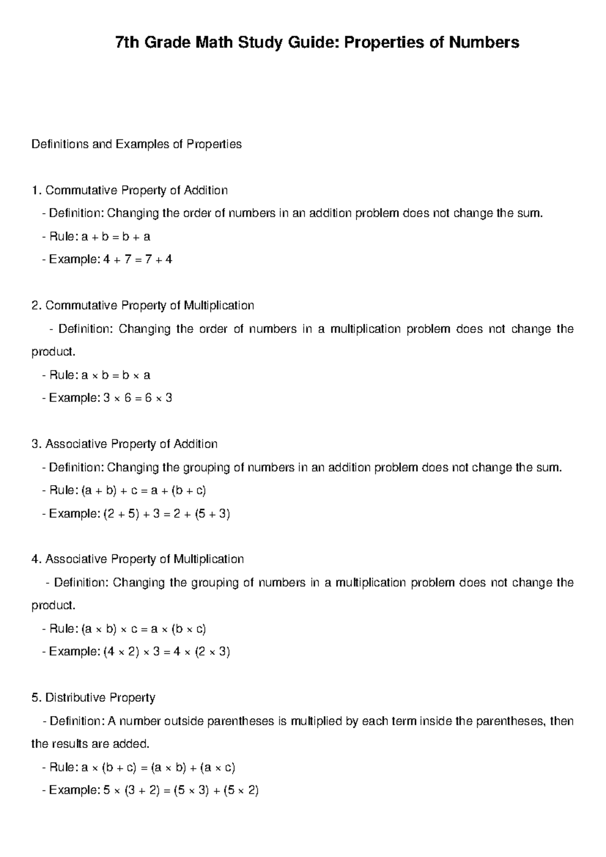 7th Grade Math Study Guide: Properties of Numbers Explained - Studocu