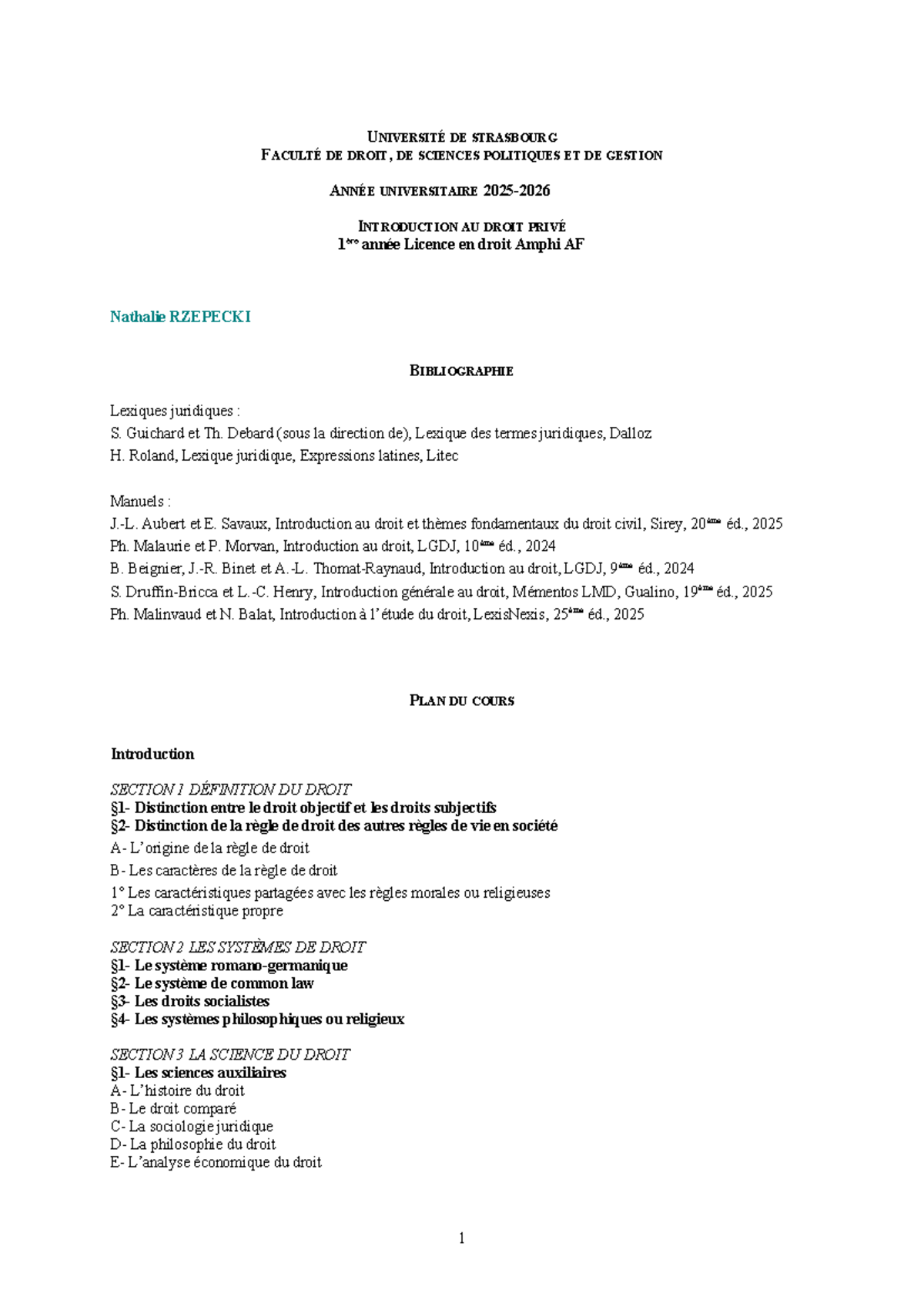 Introduction au Droit Privé - Plan de Cours 1ère Année Licence Droit ...